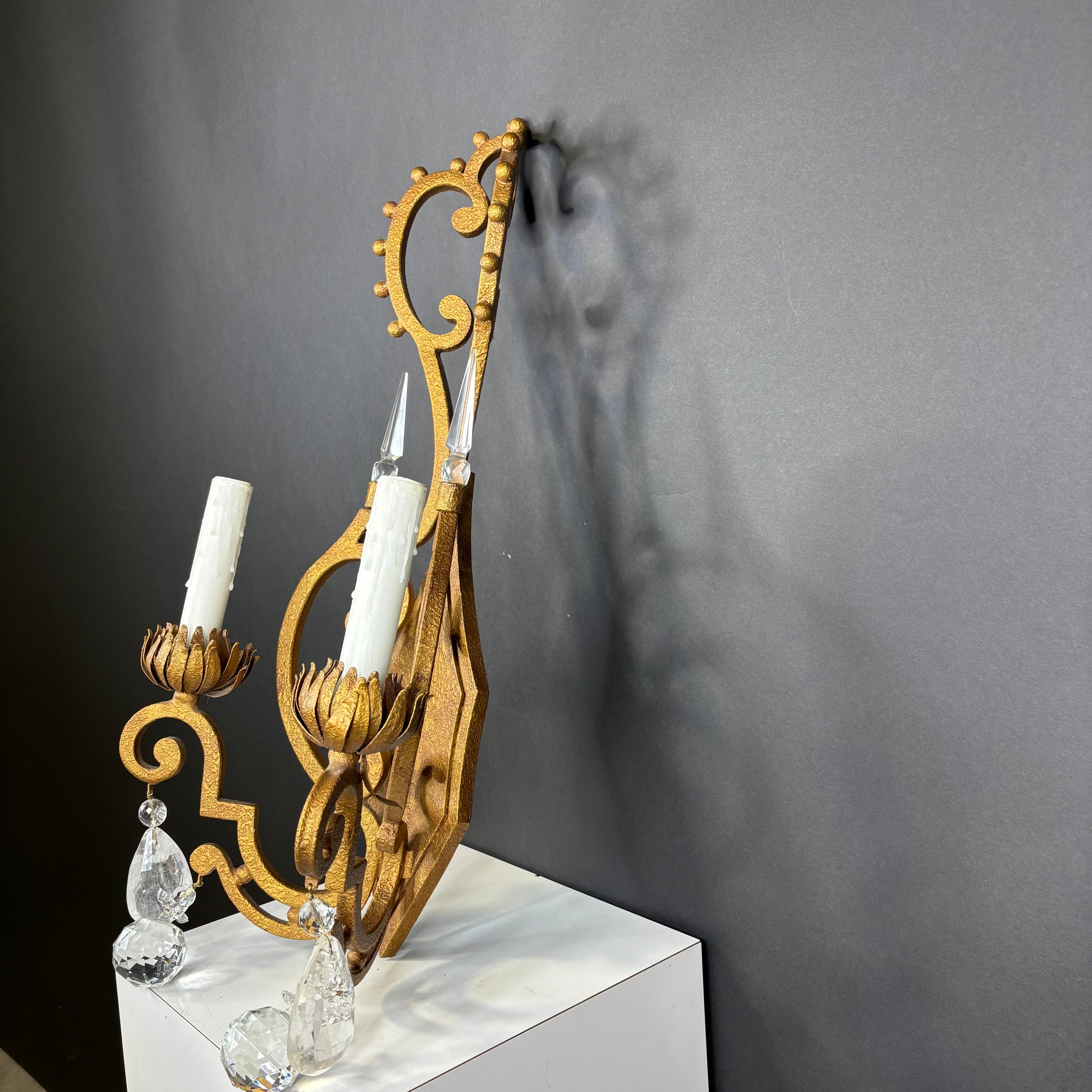 Hollywood Regency Style 2-Light Textured Gold Finish Metal and Crystal Accents Wall Sconce 13”x 26”x 7”