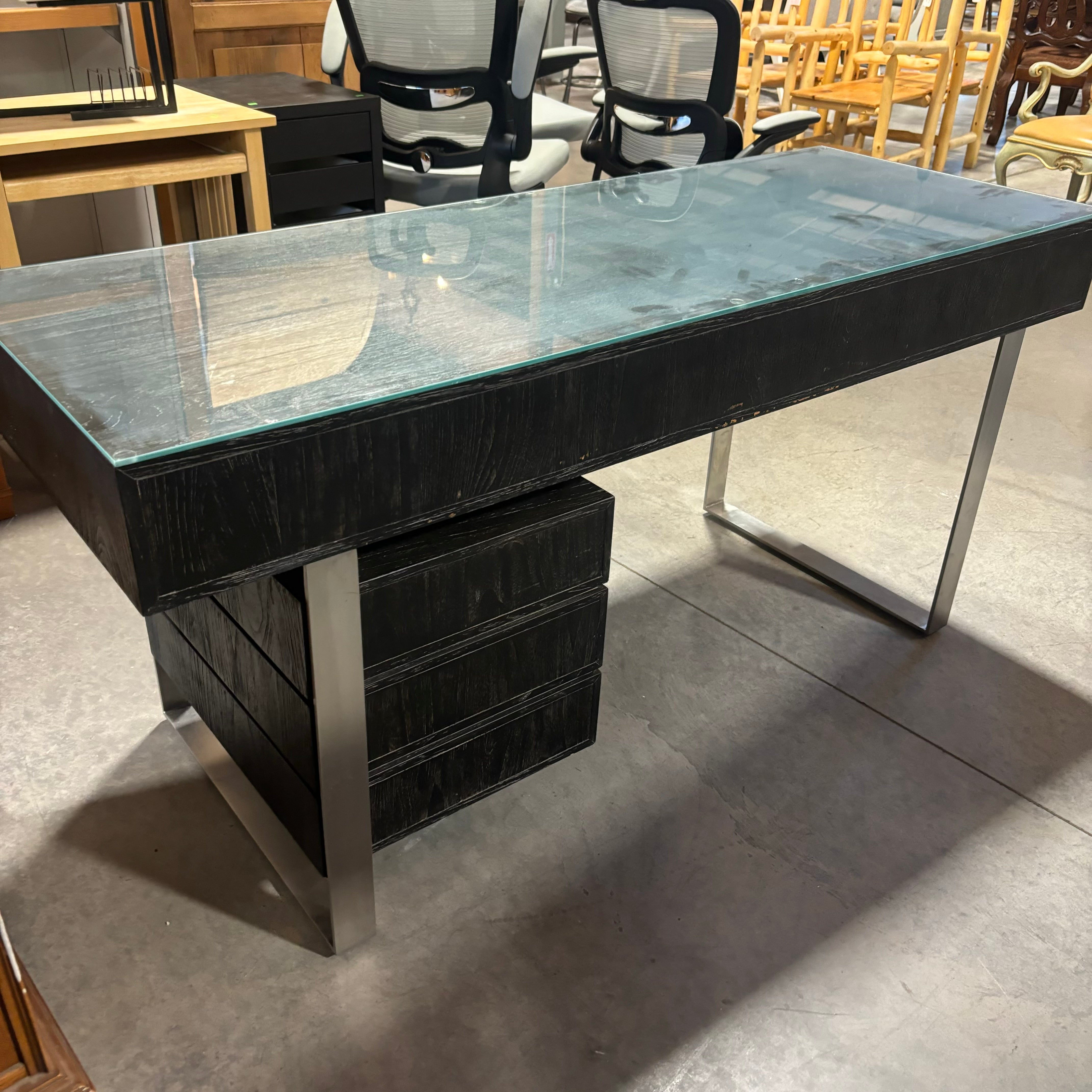 Brownstone Distressed Dark Wood with Steel Base & Glass Top 4 Drawer Desk 65"x 24"x 31"