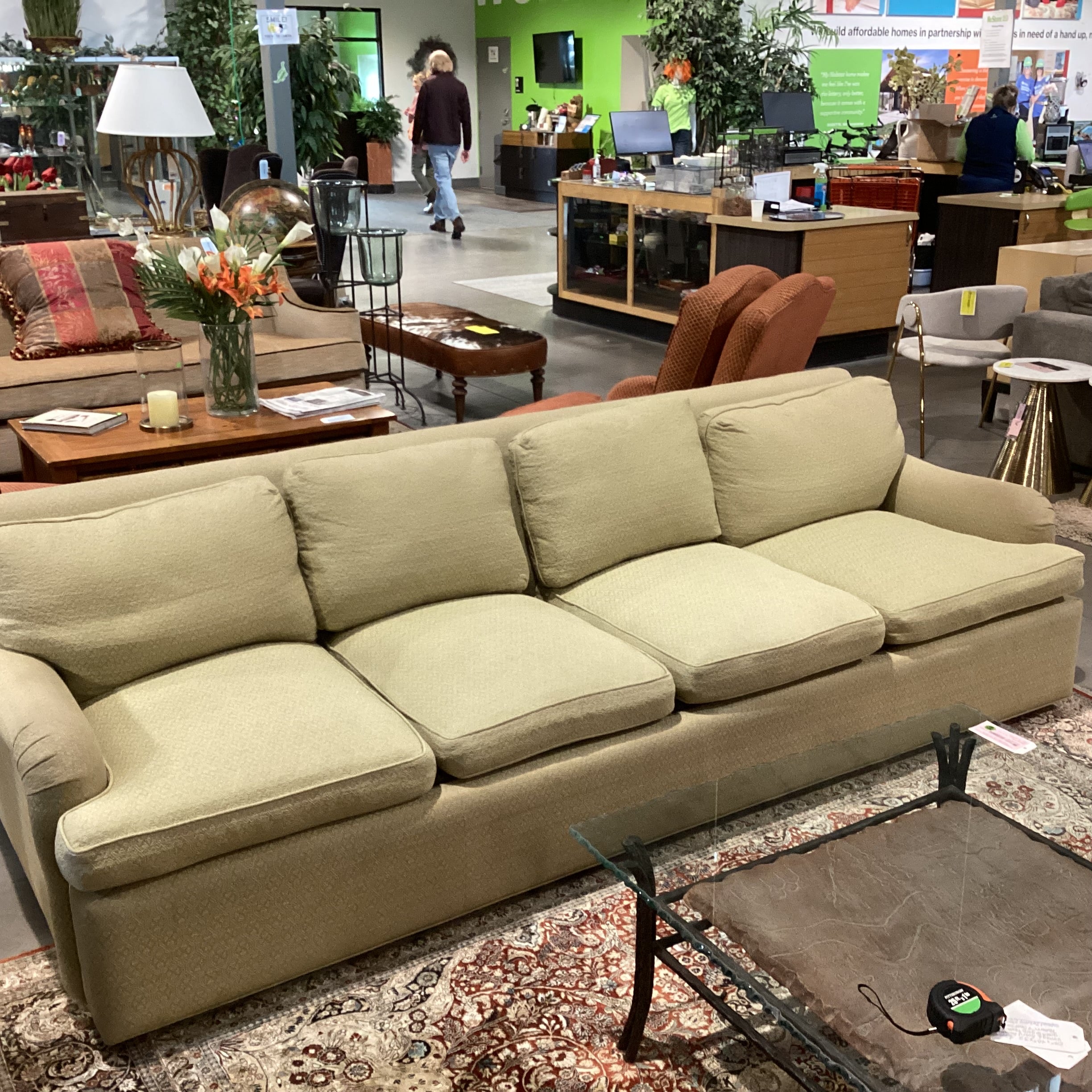 Vintage Avery Boardman Green & Gold Textured Pattern 4 Seat Sofa 108"x 40"x 32"
