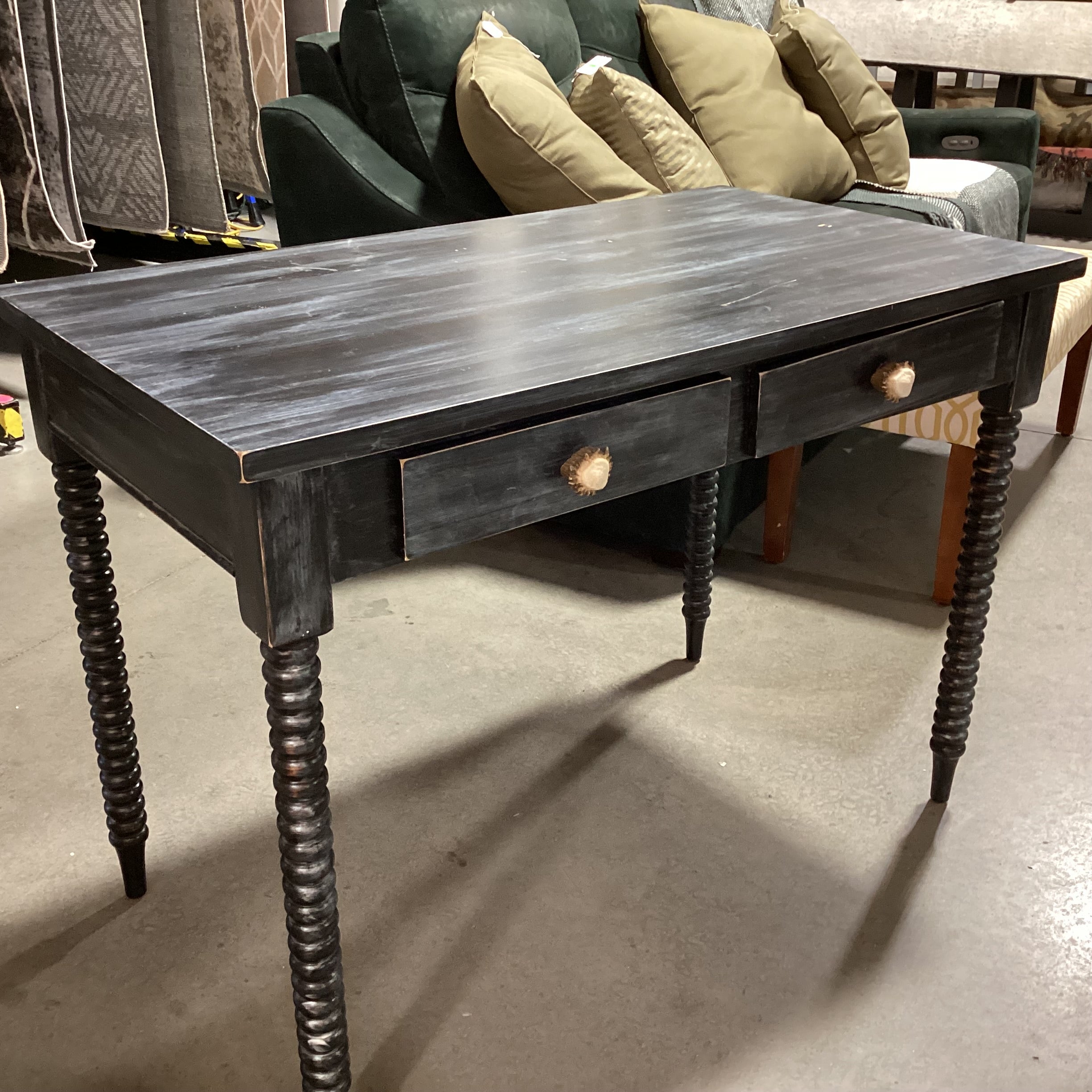 Midnight Finished Wood with Spindle Leg 2 Drawer Antler Pulls Desk 42"x 24"x 31"