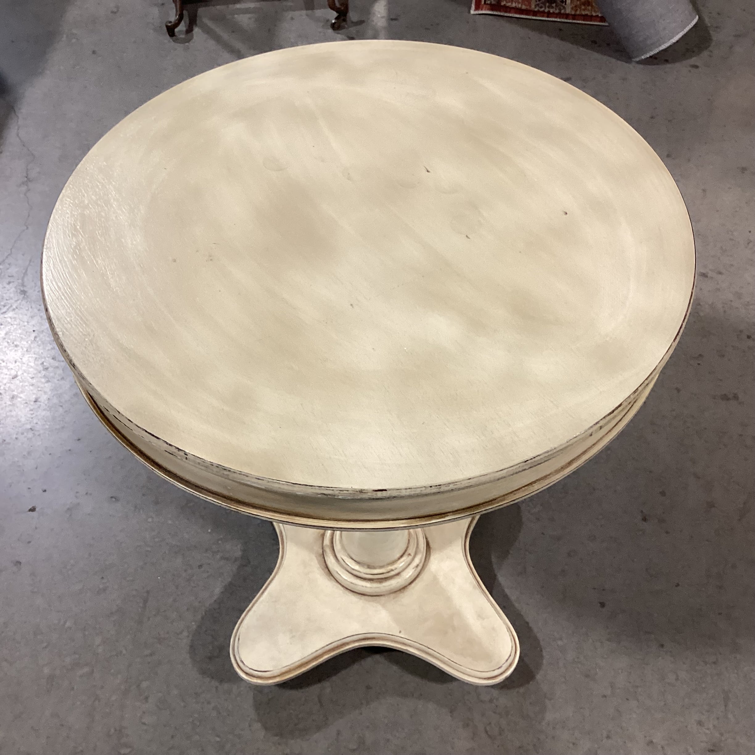 Cream Antiqued Finish Wood with Pedestal Round End Table 24" Diameter X 28"