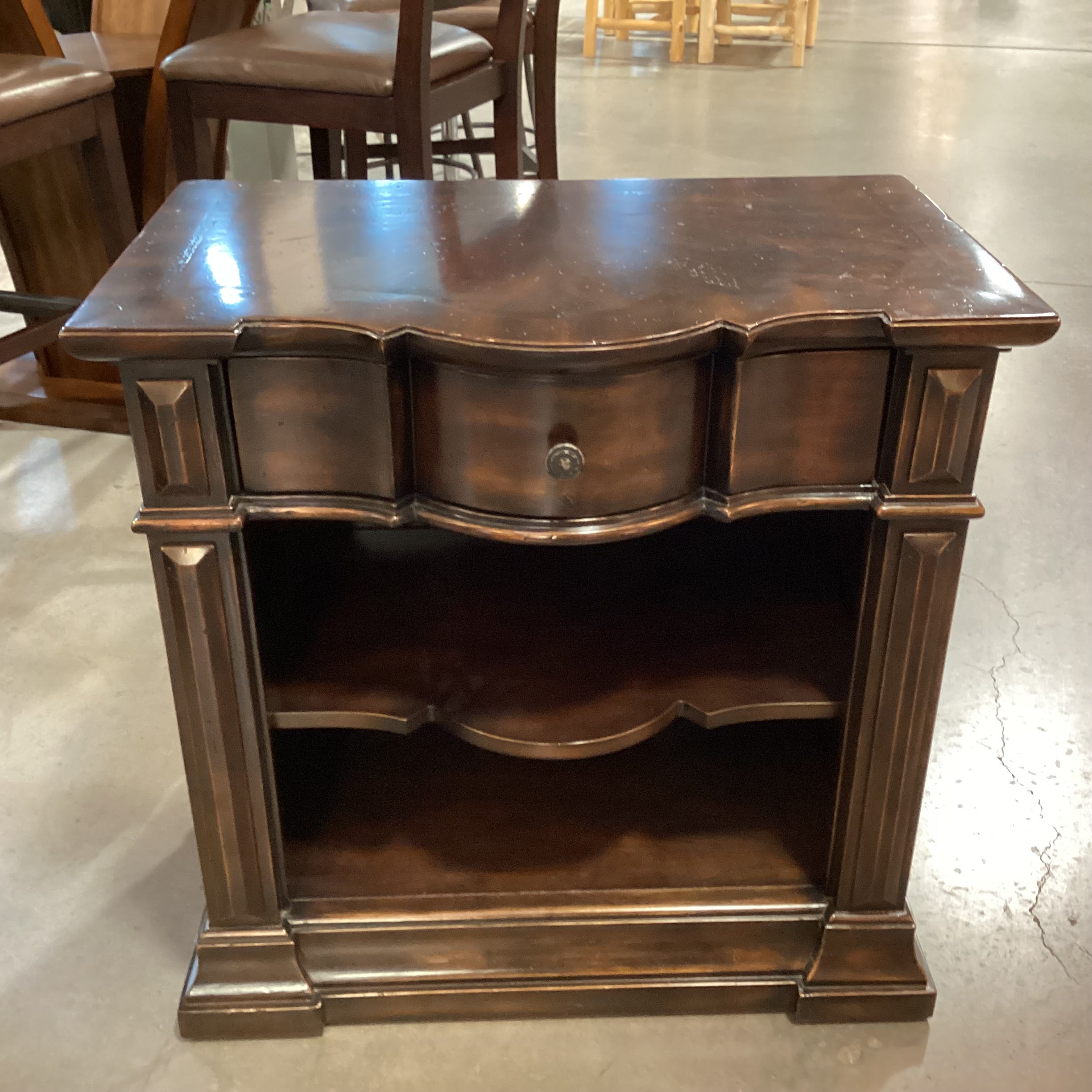 Artistica Dark Finish Serpentine Shape Carved Wood 1 Drawer with Shelves Nightstand 30"x 19"x 30"
