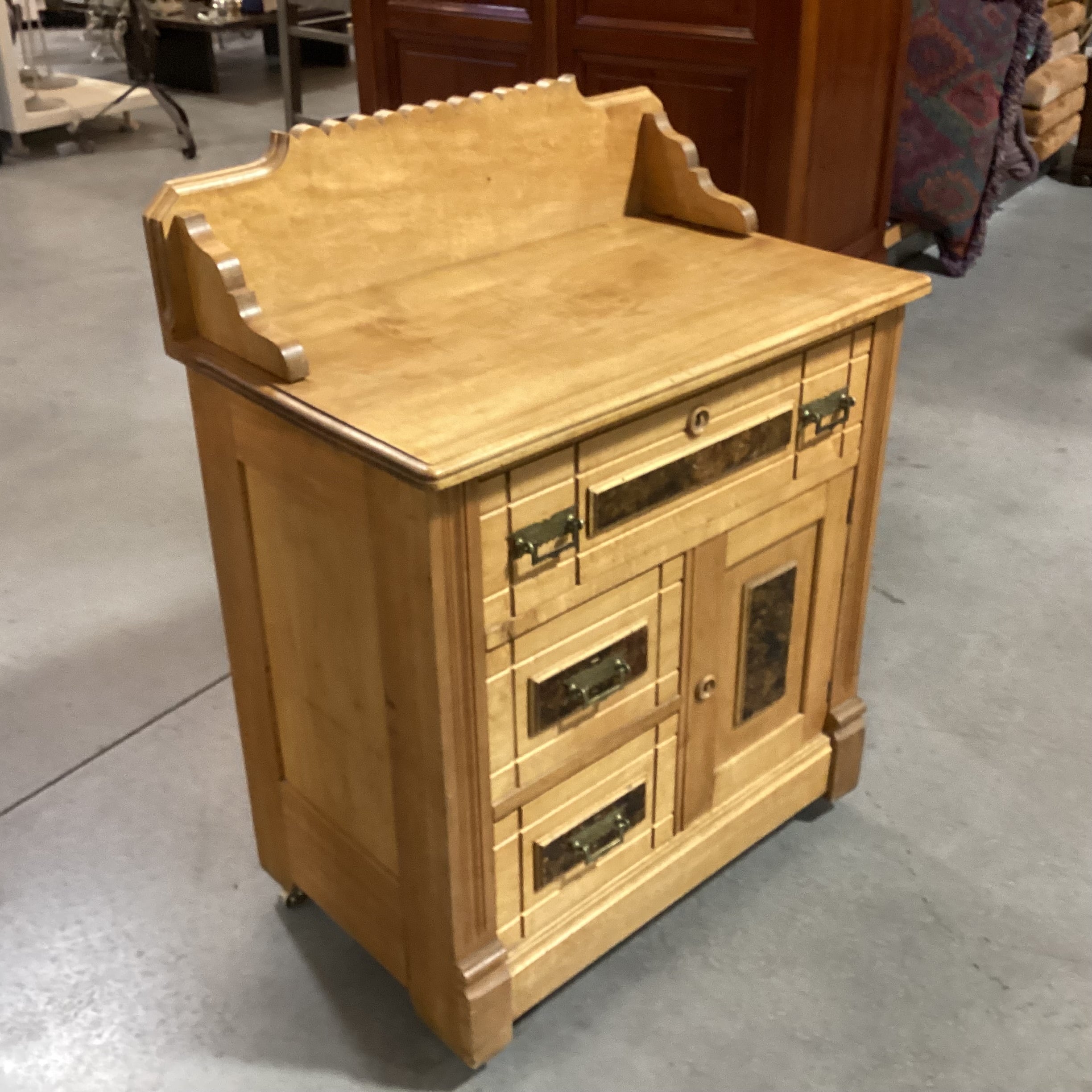 Antique Light Finish Carved Wood Burl Veneer Detail Dry Sink Chest 27.5"x 17"x 36"