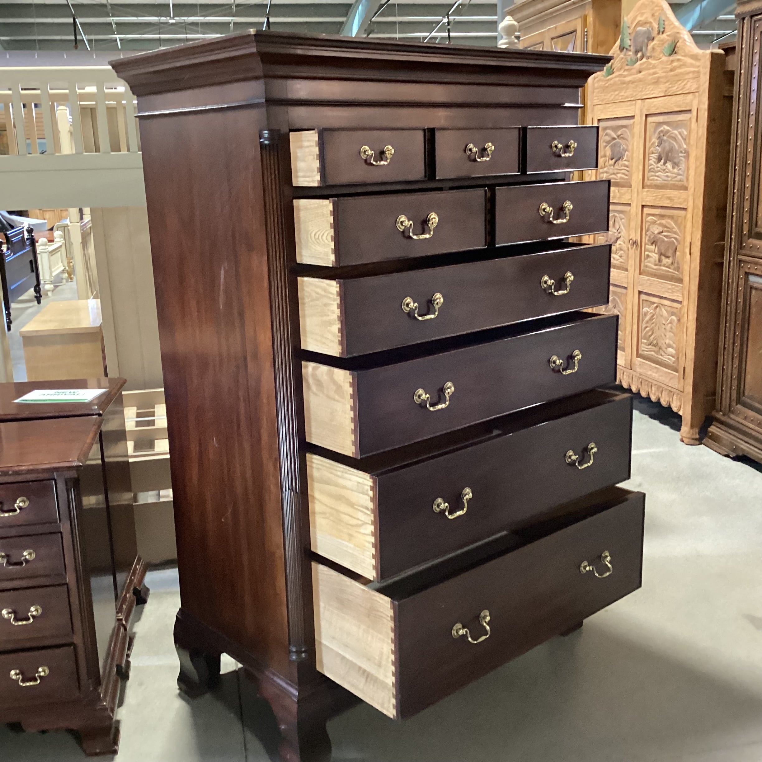 Henkel-Harris Dark Finish Carved Wood 9 Drawer Gentlemans Chest 45"x 24"x 65.5"