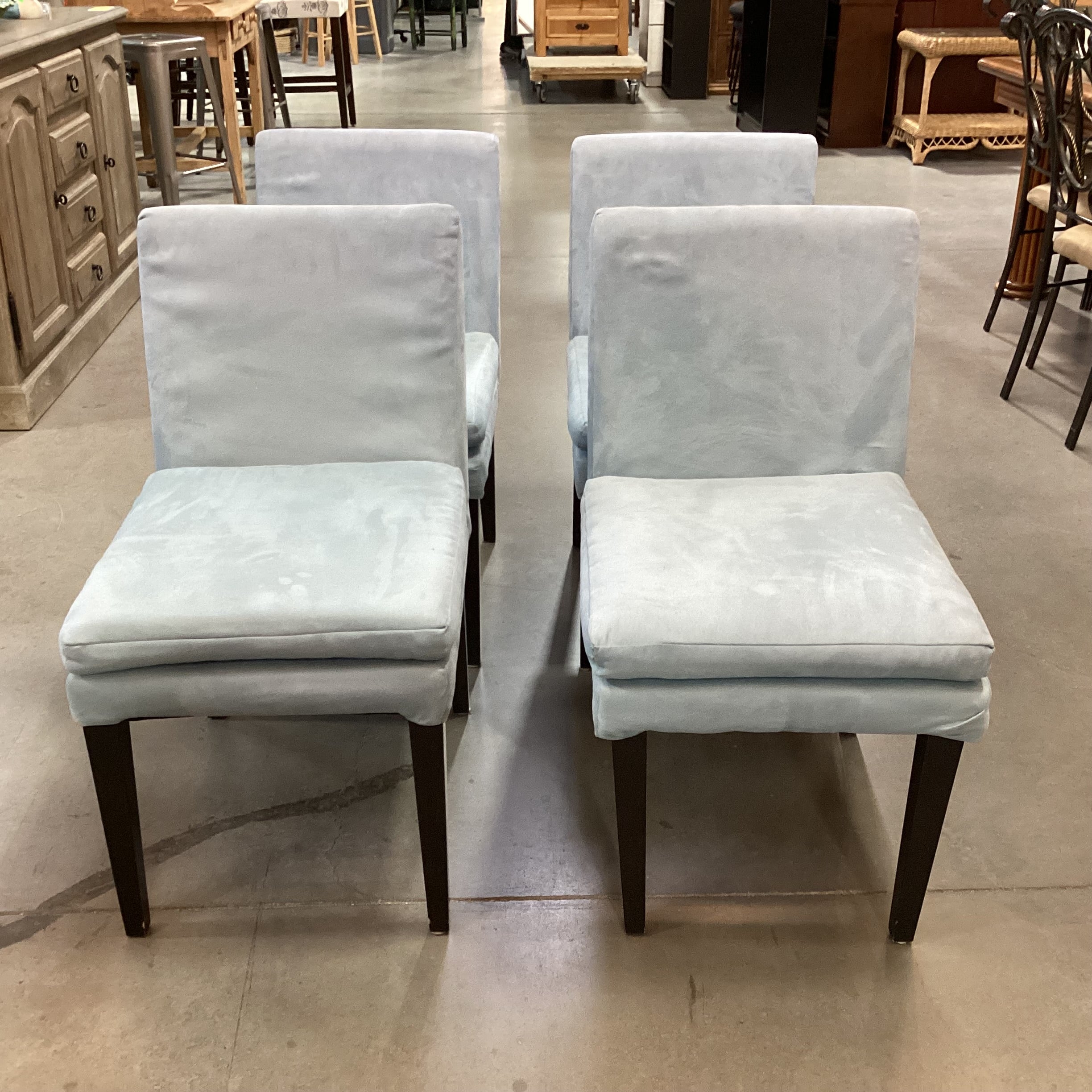 SET of 4 West Elm Blue Ultra Suede & Black Wood Legs Dining Chairs 19"x 24"x 33"19"x 24"x 33"