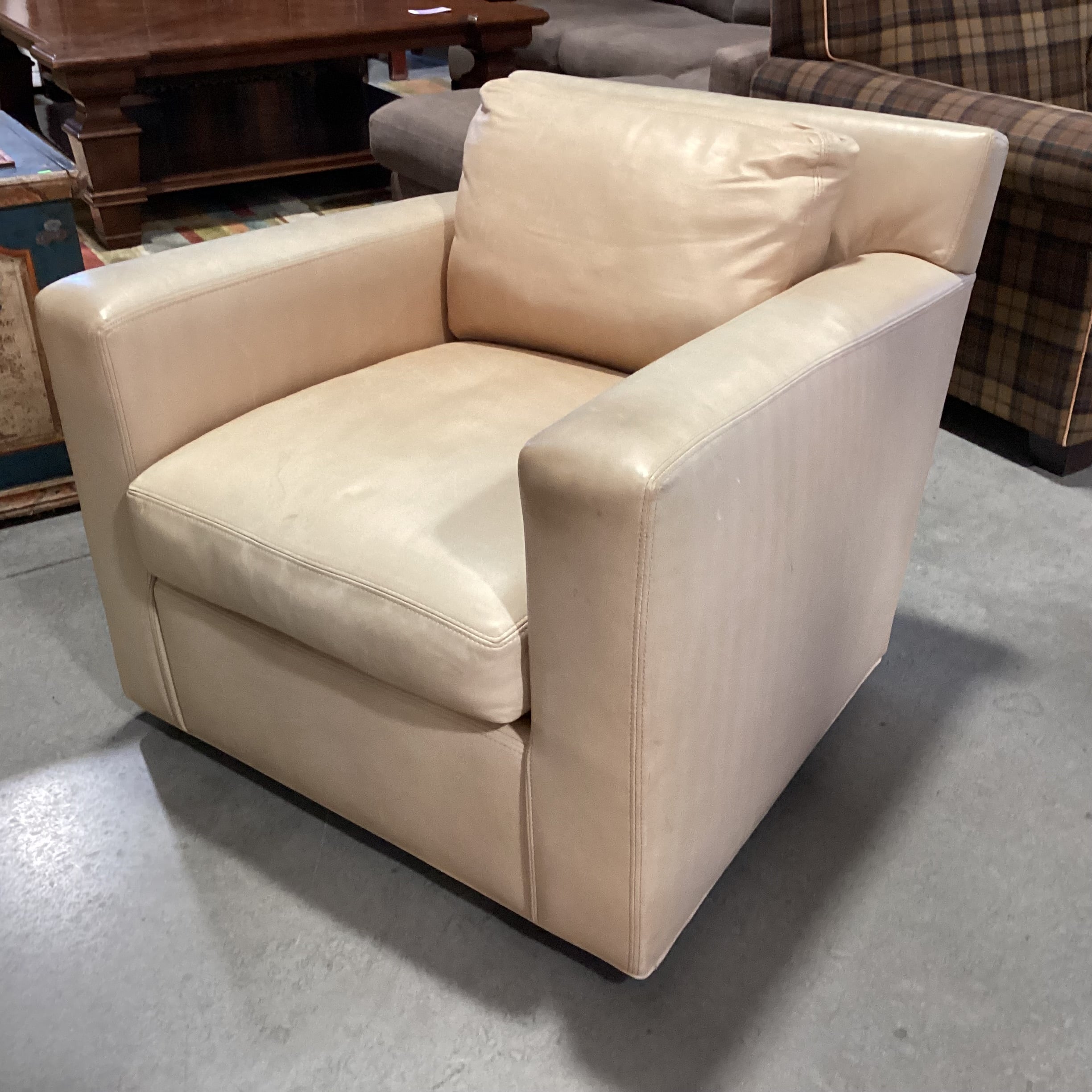 Lee Industries Beige Tan Leather Down Mix Swivel Chair 34"x 35"x 30"