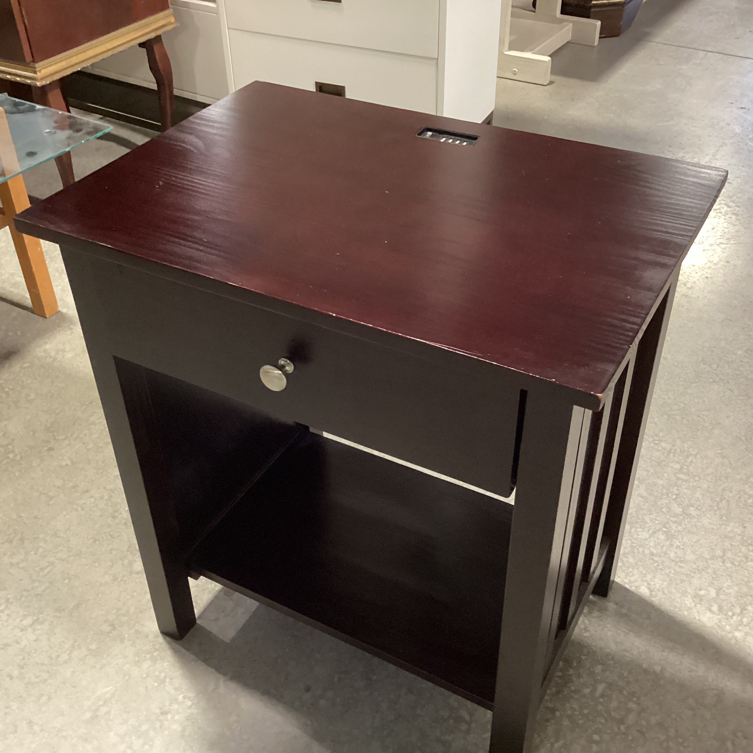 Dark Finish Wood 1 Drawer With Bottom Shelf & Plug In USB Outlet Nightstant 24"x 17"x 27"