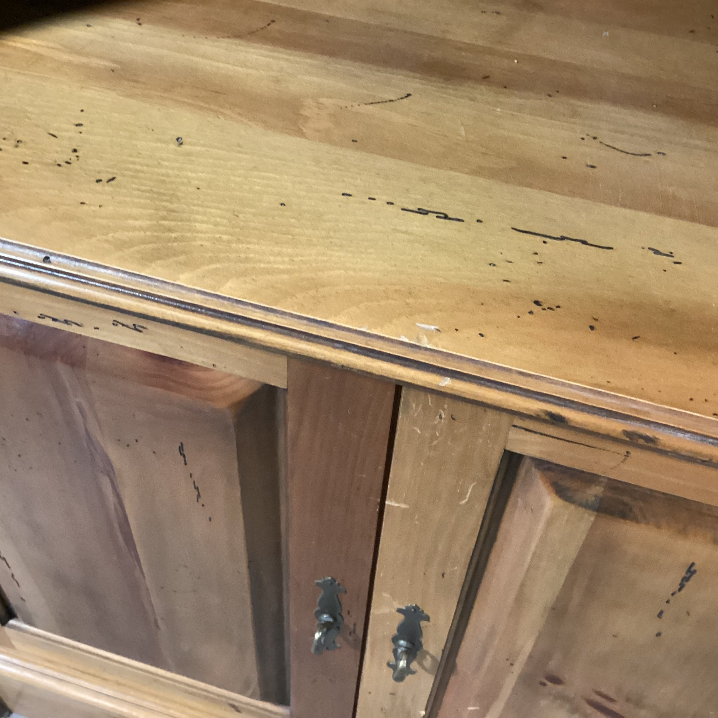 2 Tone Distressed Natural & Teal with Carved Arch Shelves 2 Door Corner Display Armoire 48"x 30"x 88"