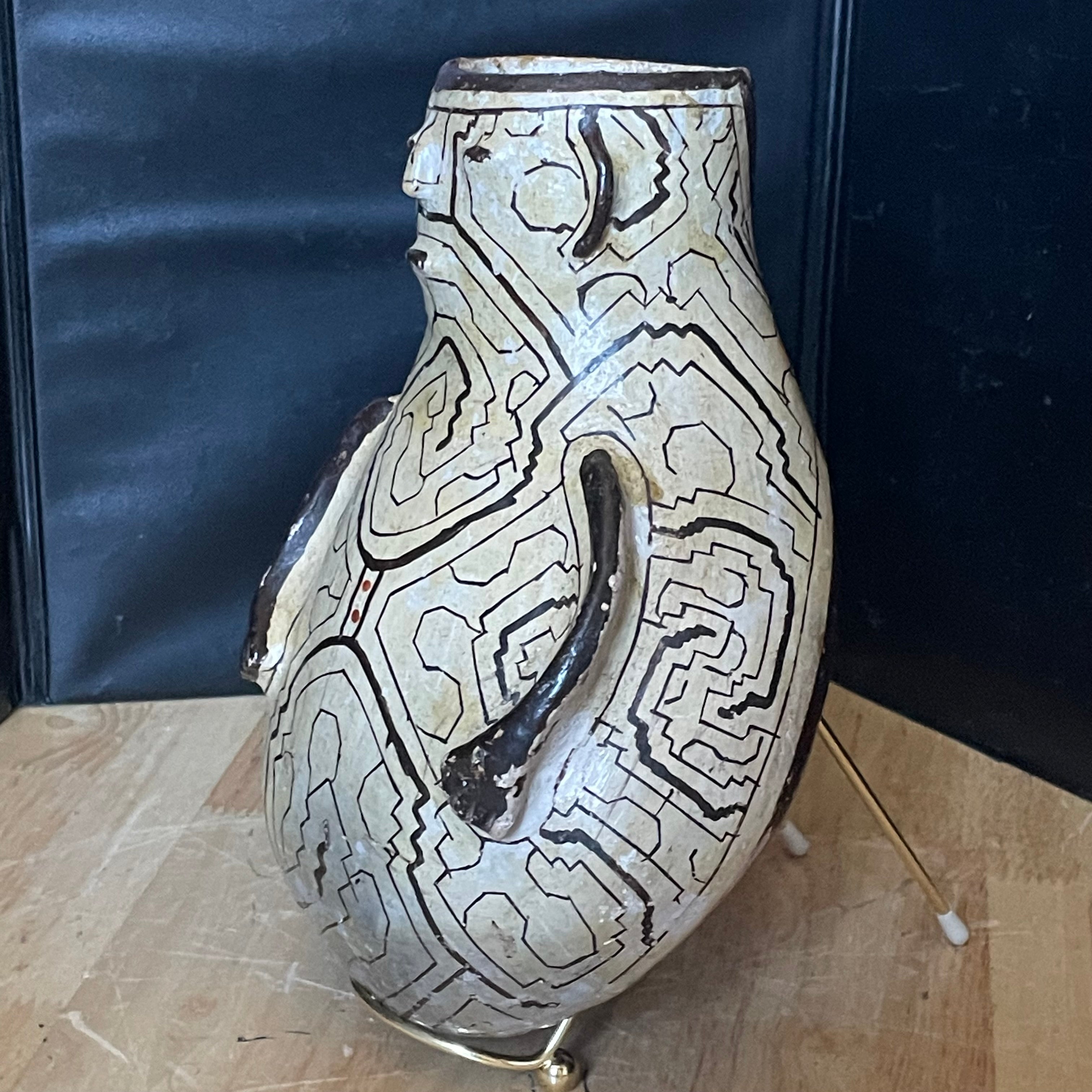 Antique Peruvian Shipibo Conibo Anthropomorphic Geometric Kene Pattern Pottery Vessel, 5.5"x 9"