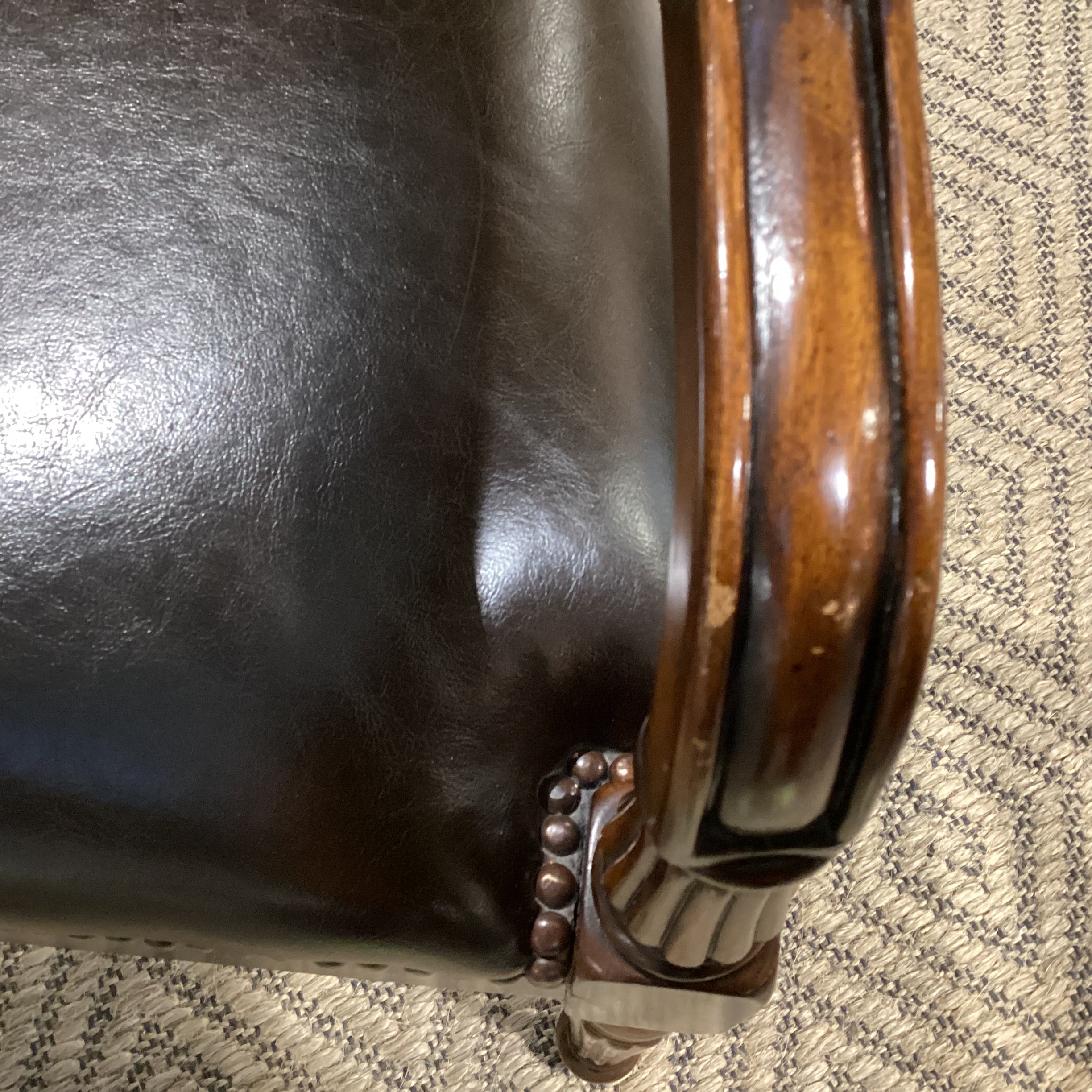Carved Wood Leather Nailhead & Back Handle Chair 24"x 24"x 39"