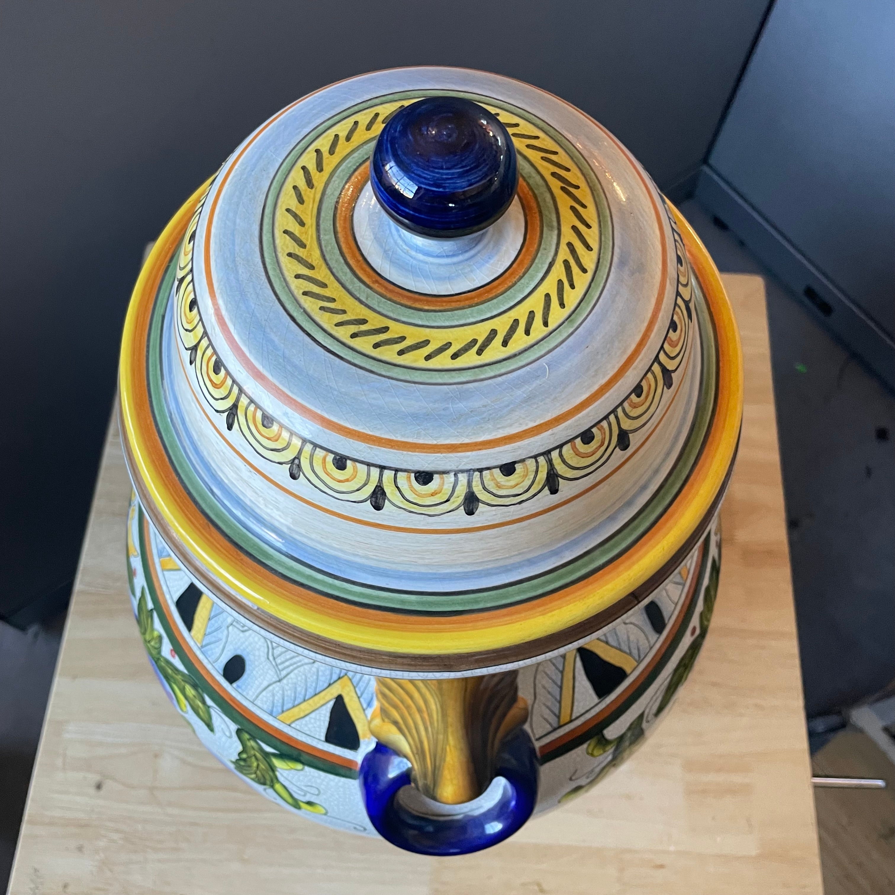 Decorative Majolica Style Reproduction Lidded Apothecary Jar, 14"x 23"