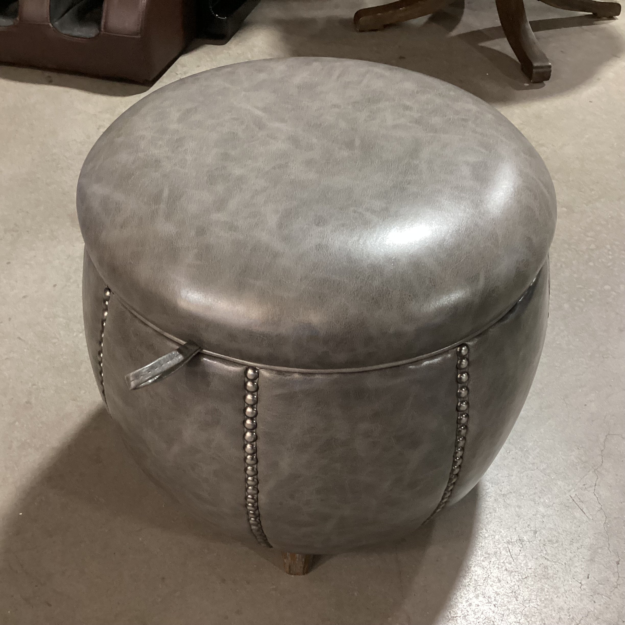 Uttermost Linford Round Clouded Zinc Leather Nailhead with Storage Ottoman 20" Diameter x 18"