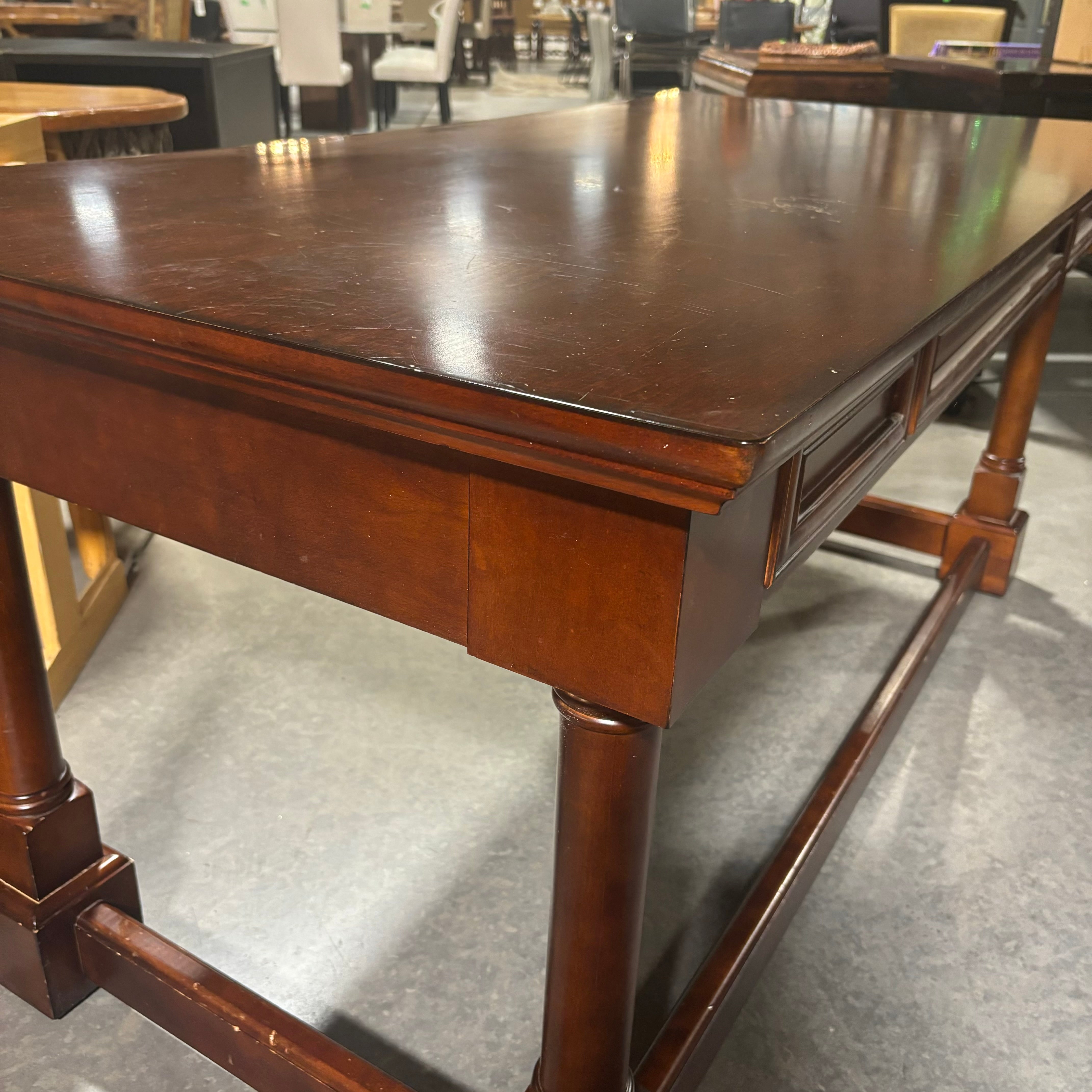 Ornate Carved Dark Finish Wood 3 Drawer with Trestle Desk 66"x 32"x 30"