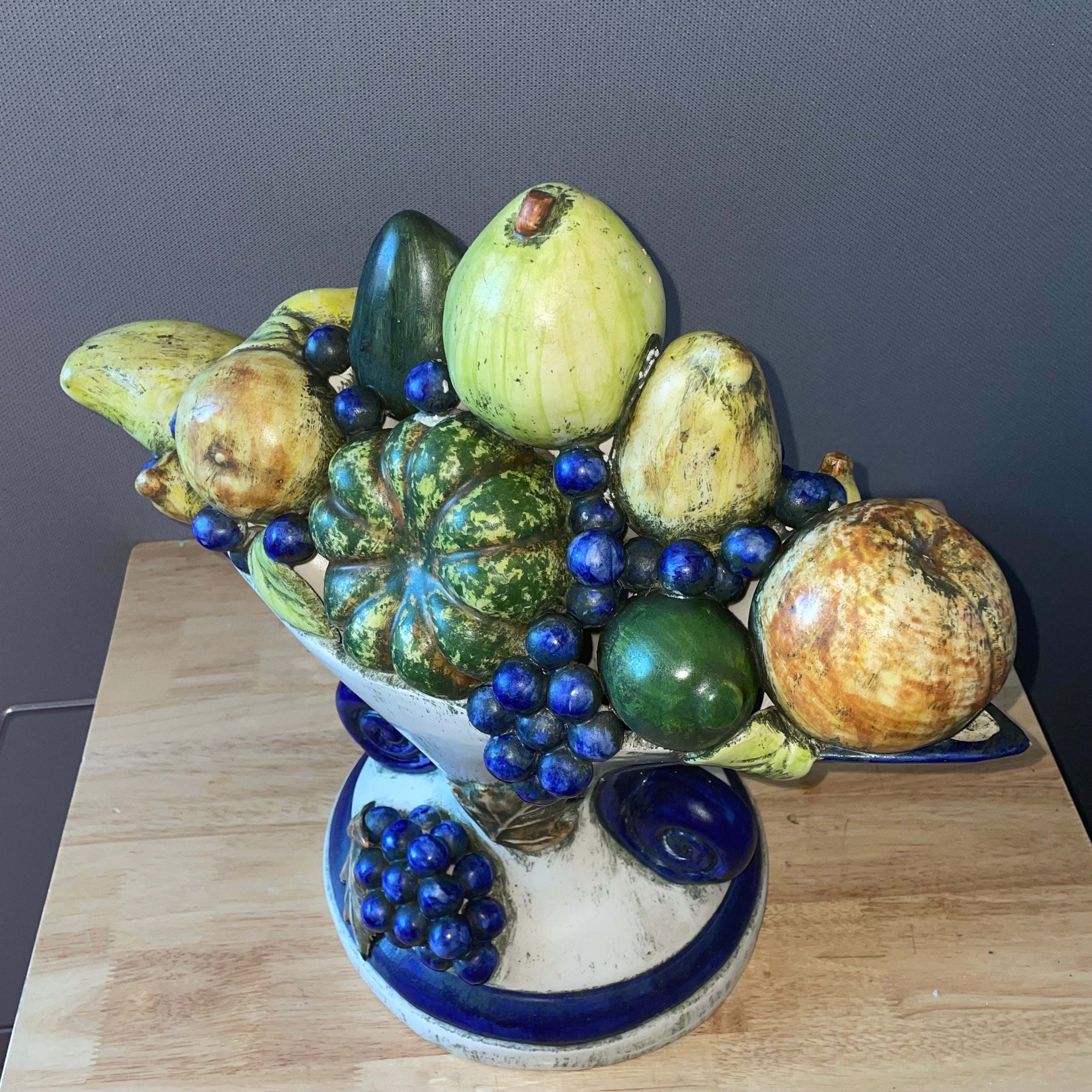 Majolica Style Ceramic Cobalt Blue/Greens Pedesta; Fruit Pedestal Bowl/Centerpiece, 18'x 10"x 17"