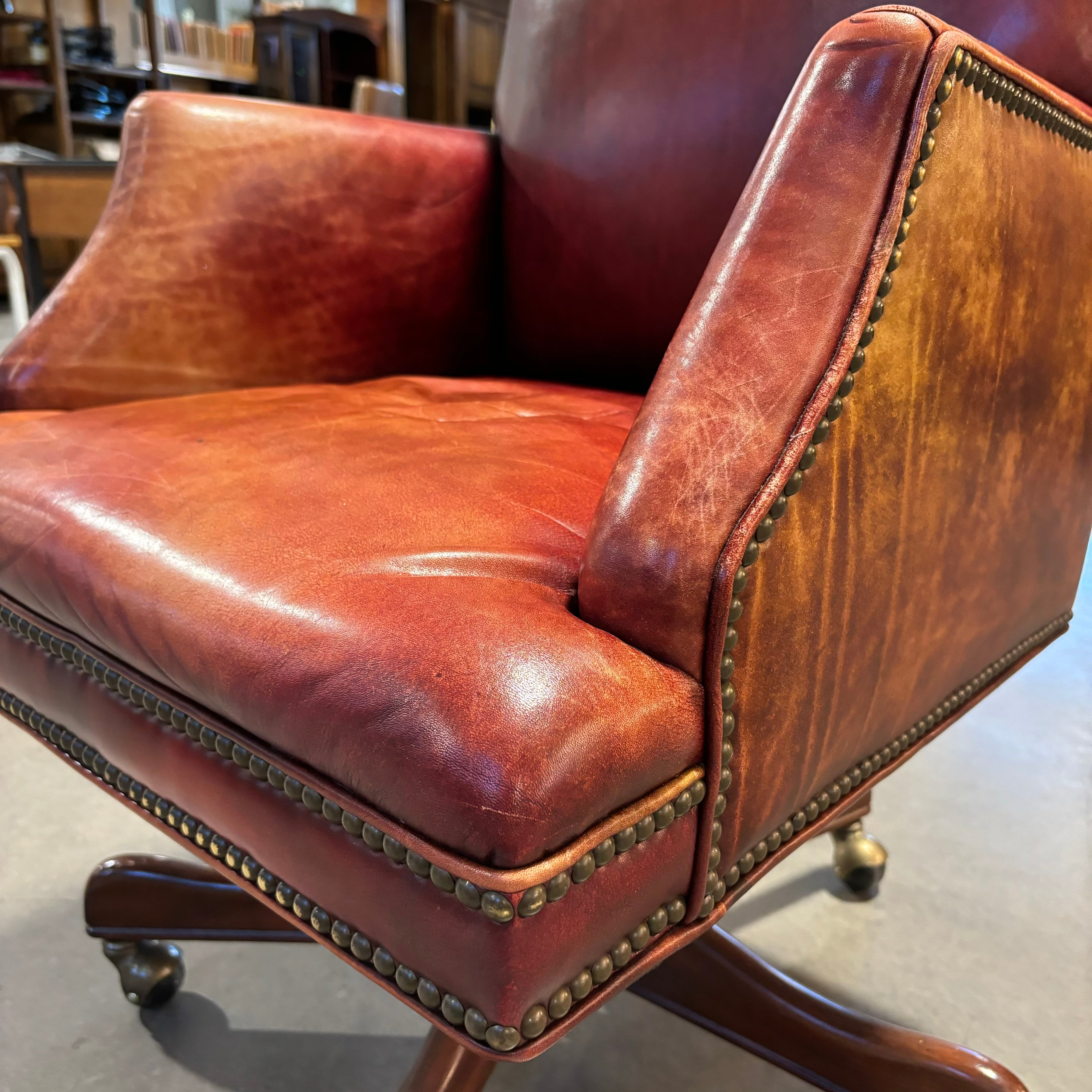 Hooker Furniture Rust Leather Nailhead with Dark Finished Wood Base Executive Office Chair 25"x 31"x 44"