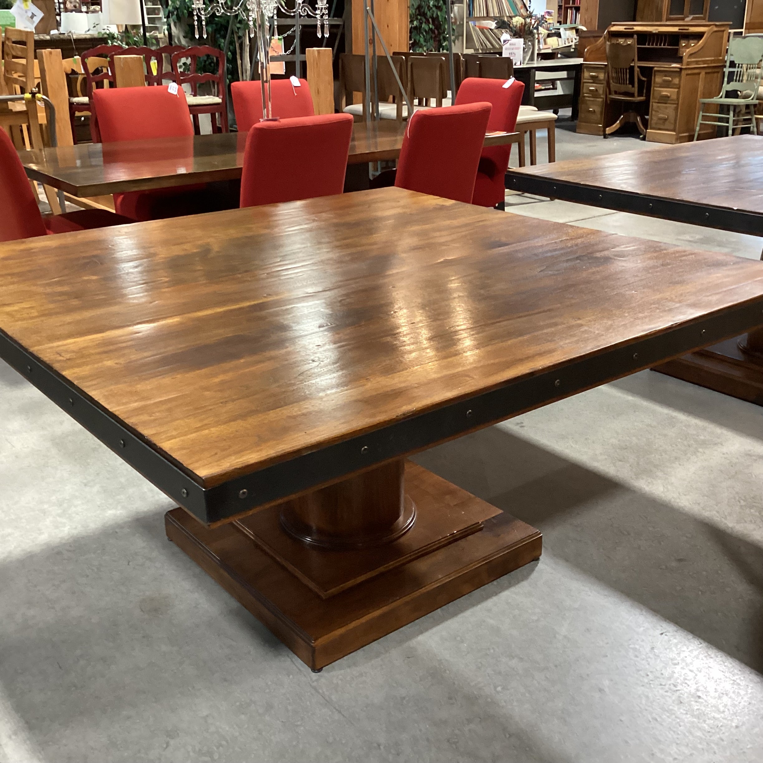 Custom Square Walnut with Pedestal & Iron Nailhead Edge Detail Dining Table 60"x 60"x 30.5"