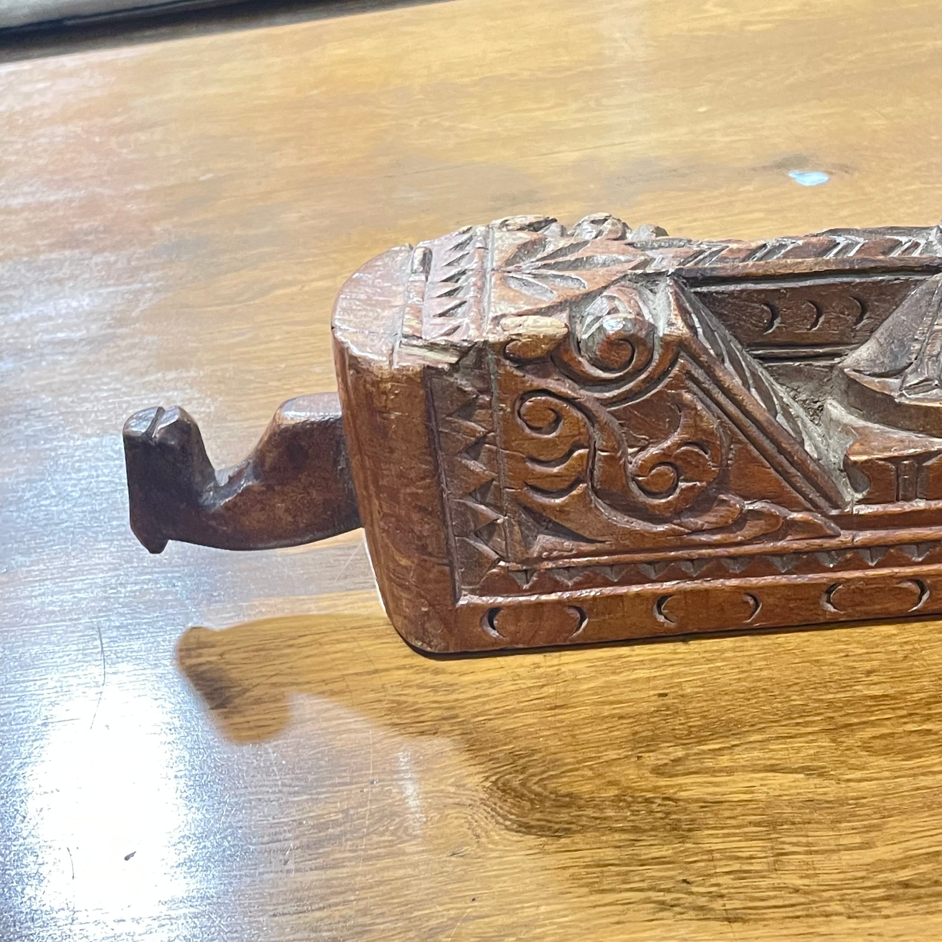 Hand Carved Floral Detail Teak Wood Kharal/Opium Milk Bowl with Horse Head,16" 3.2" 3.5"