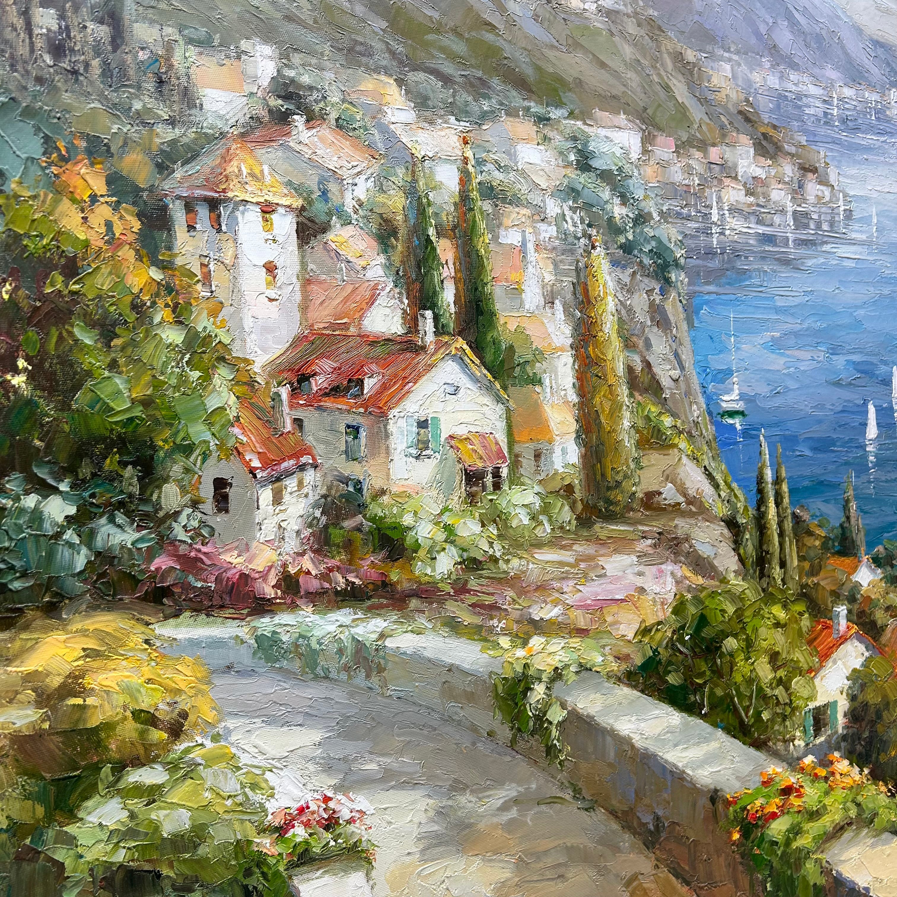 Large Oil Painting Of The Mediterranean  With Gold Wood Frame 47"x 59"