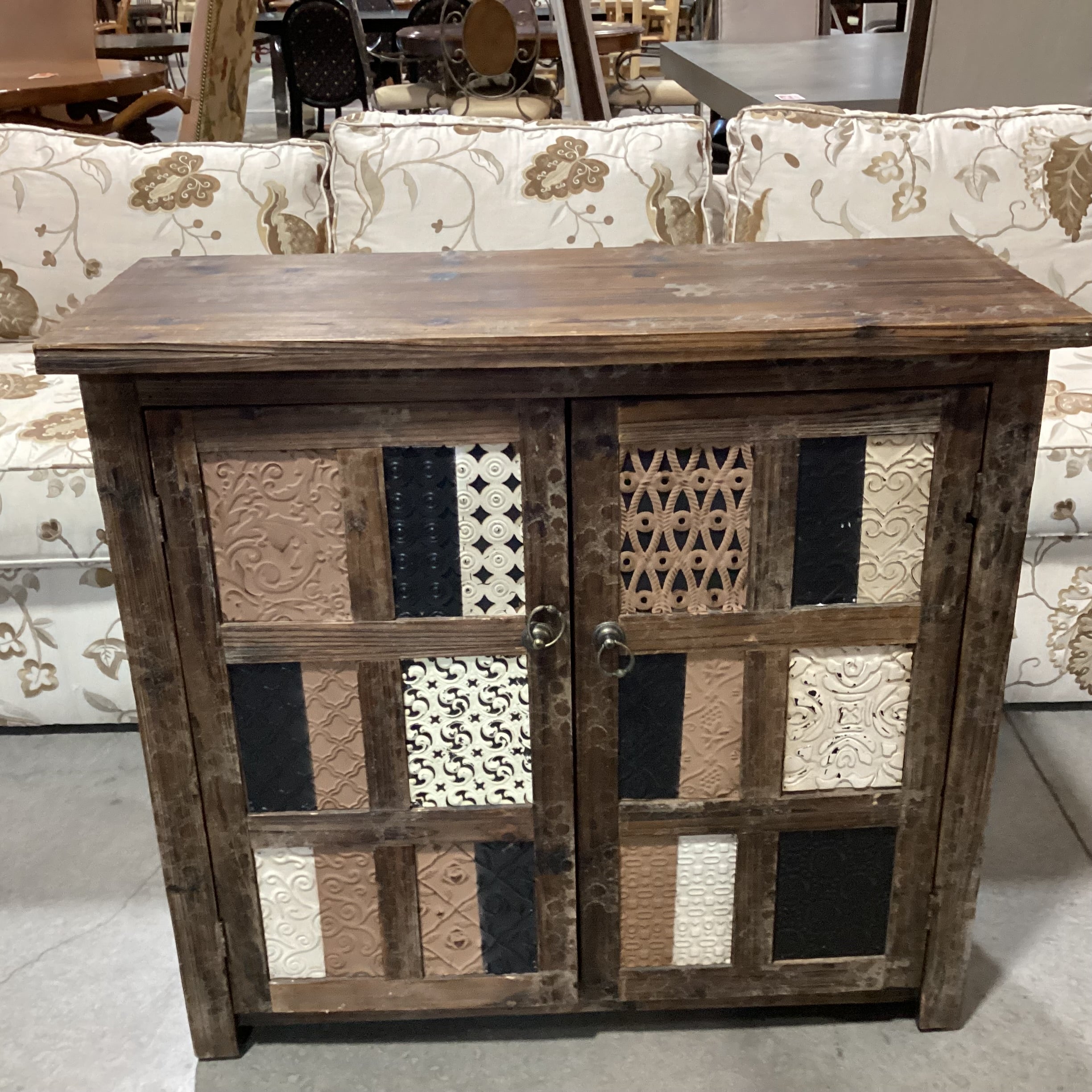 Rustic Distressed Wood & Tin Design Panes 2 Door Cabinet Console 36"x 15"x 32.5"