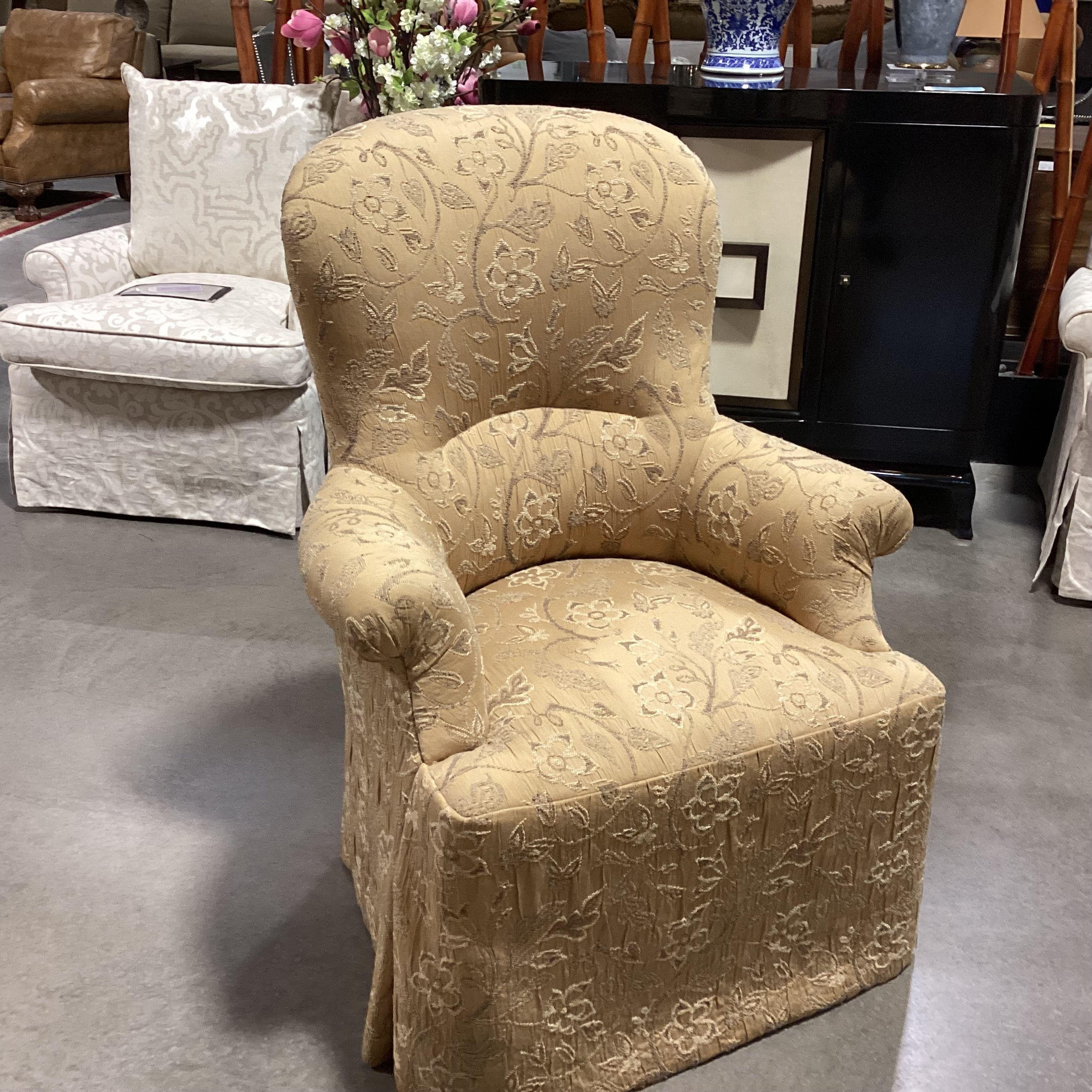 JJ Custom Gold & Taupe Raised Stitch Floral Chair 31"x 26"x 42"