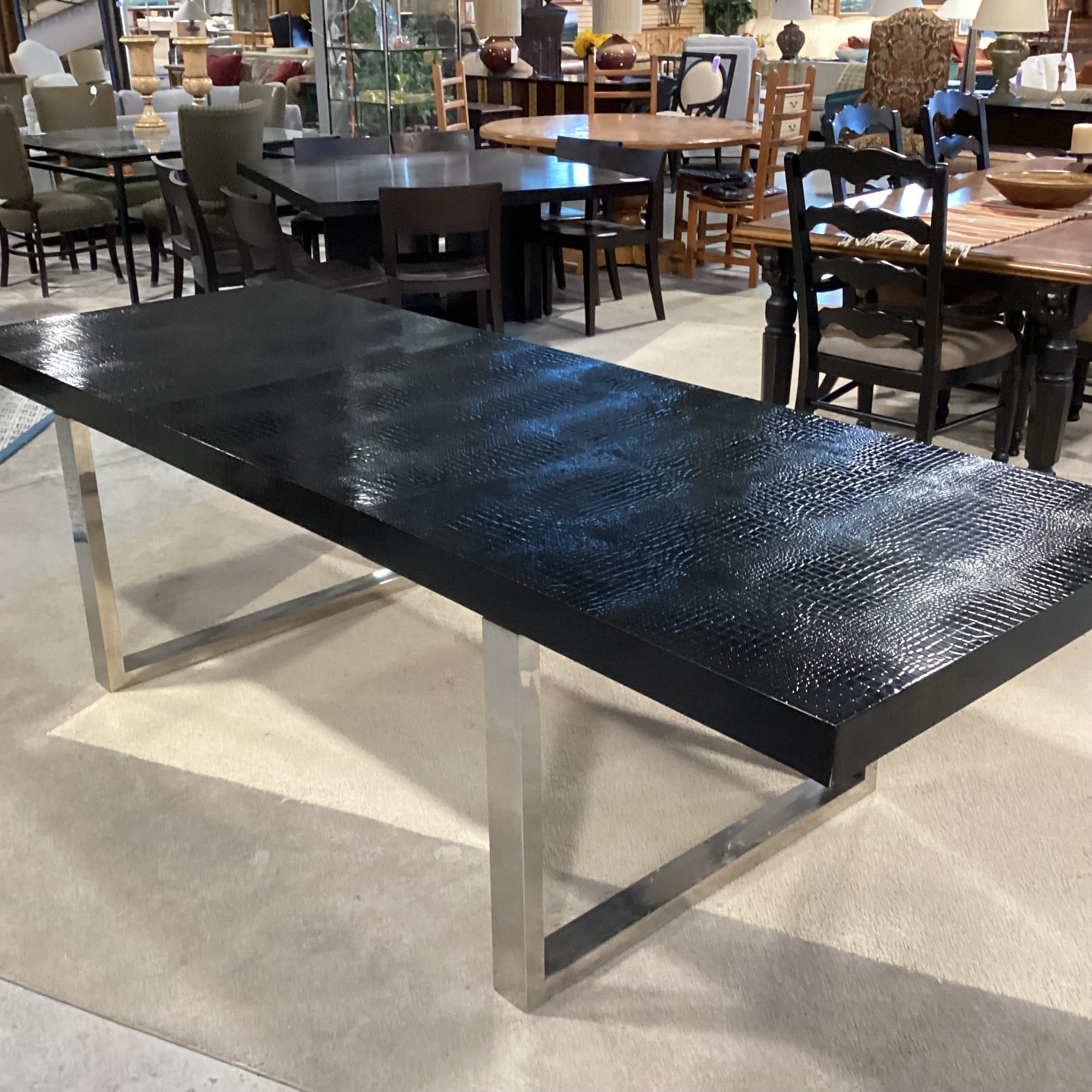 A & X Casa Luxury Collection Skyline Modern Black Krocodile Lacquer & Chrome 1 Leaf Dining Table 71" to 100.5"x 37"x 29"