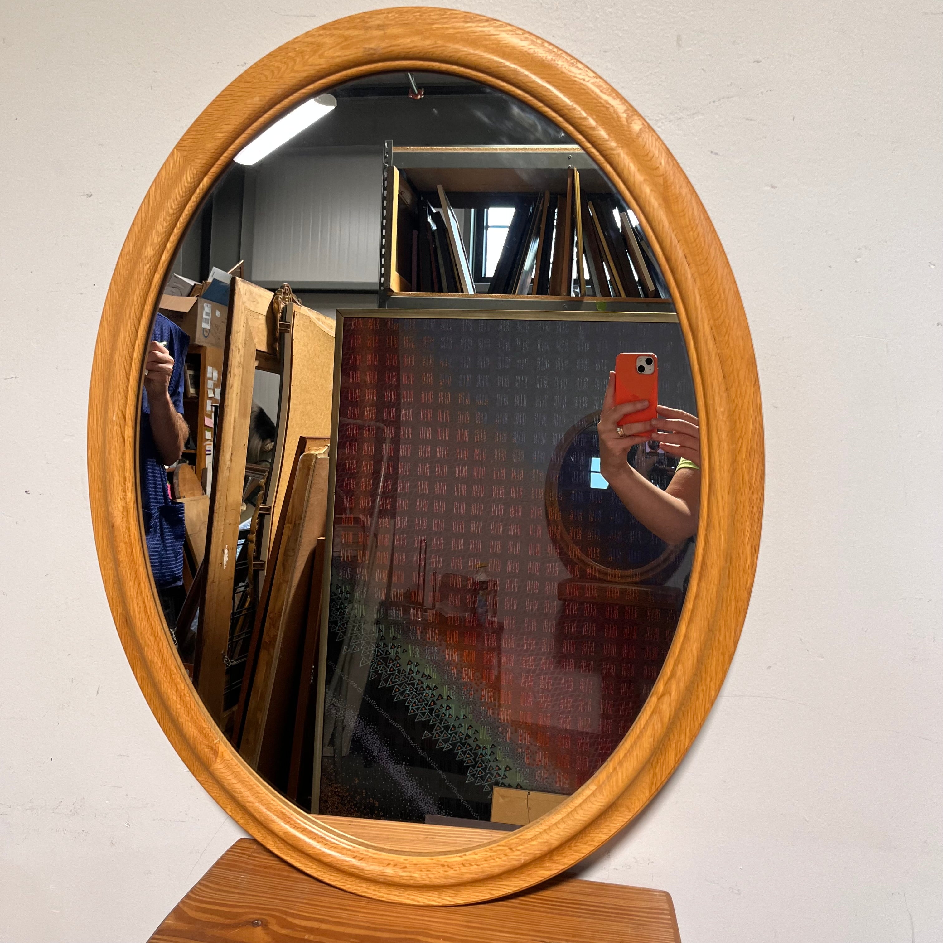 Vintage Oval Oak Wall Mirror; 23.5"x 30"