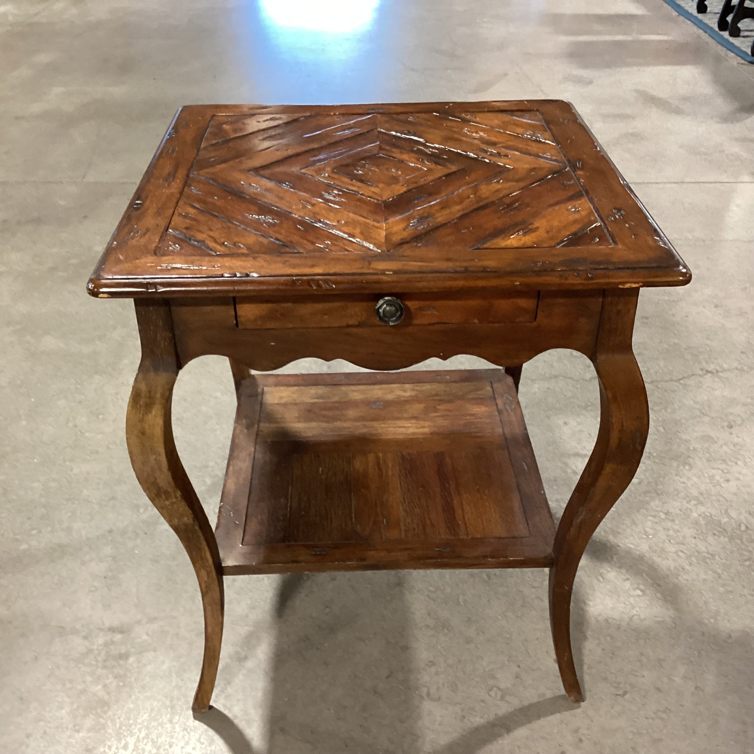 Finished Distressed Wood with Diamond Accent Top 1 Drawer End Table 24"x 24"x 27"