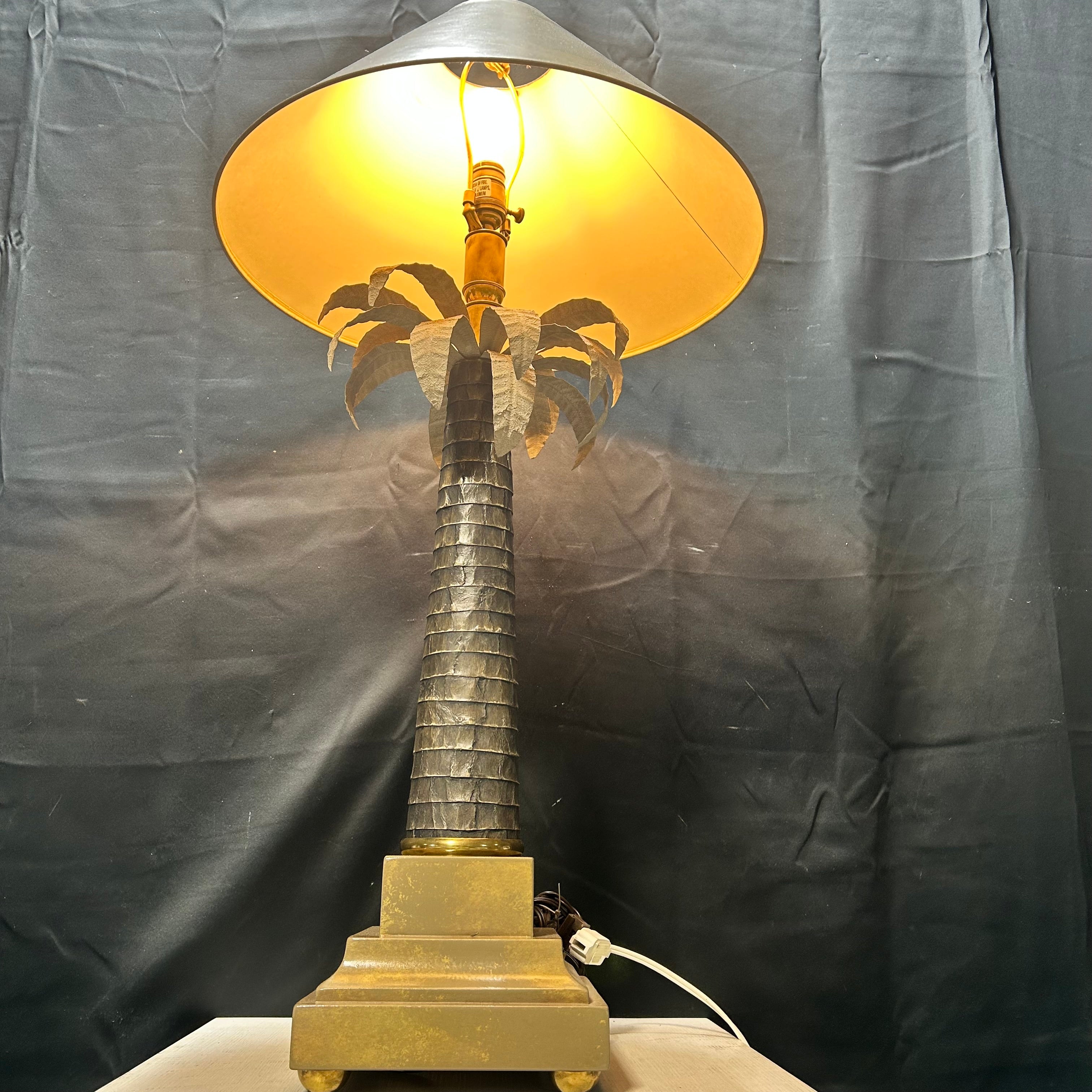 Hollywood Regency-Style Palm Tree With Fluted Trunk & metal Fronds & Tiered Base 20"x 39"Table Lamp
