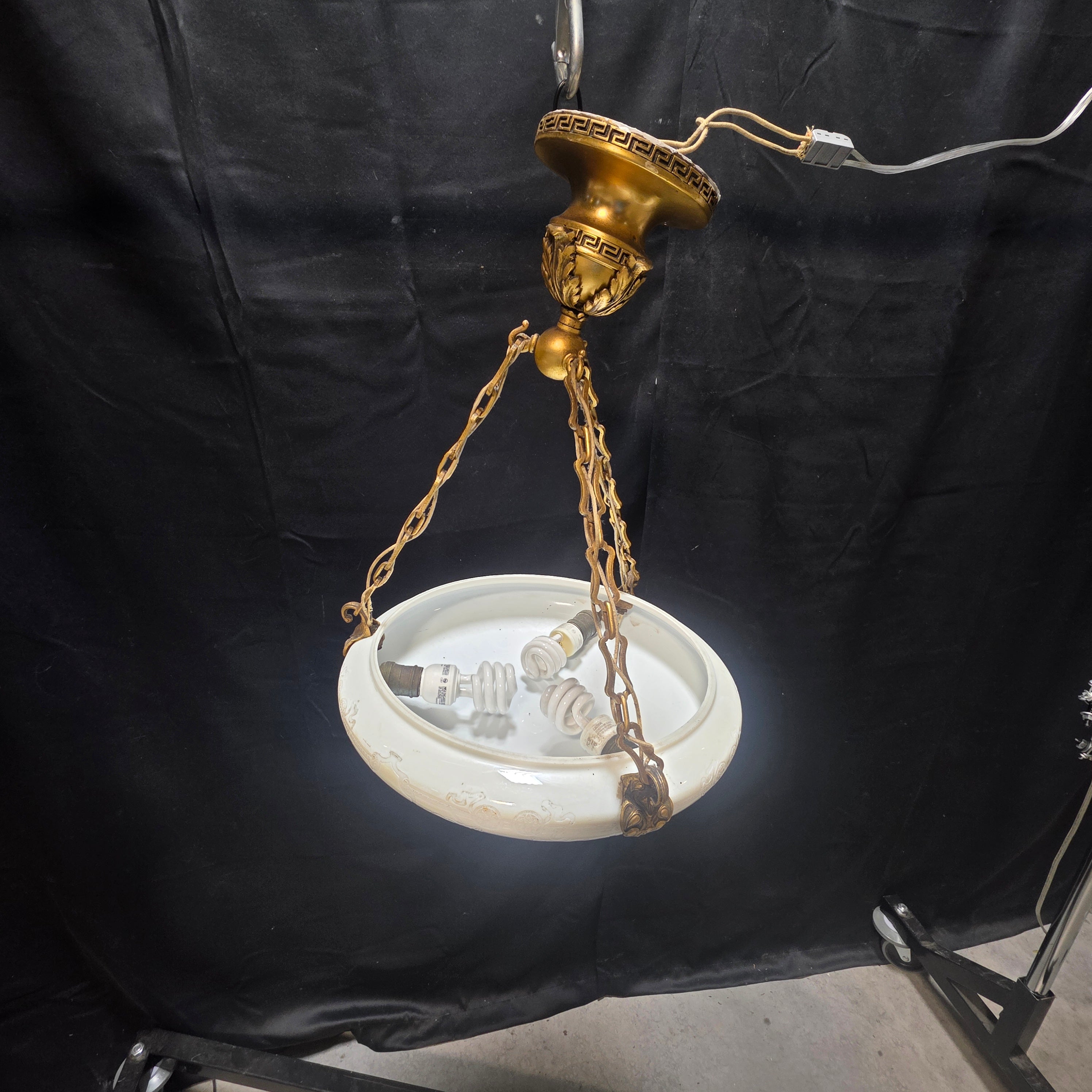 Circa 1920's - 1930's Antique Neoclassical Milk Glass Three Light Chandelier/Pendant 16.5"Dx21"
