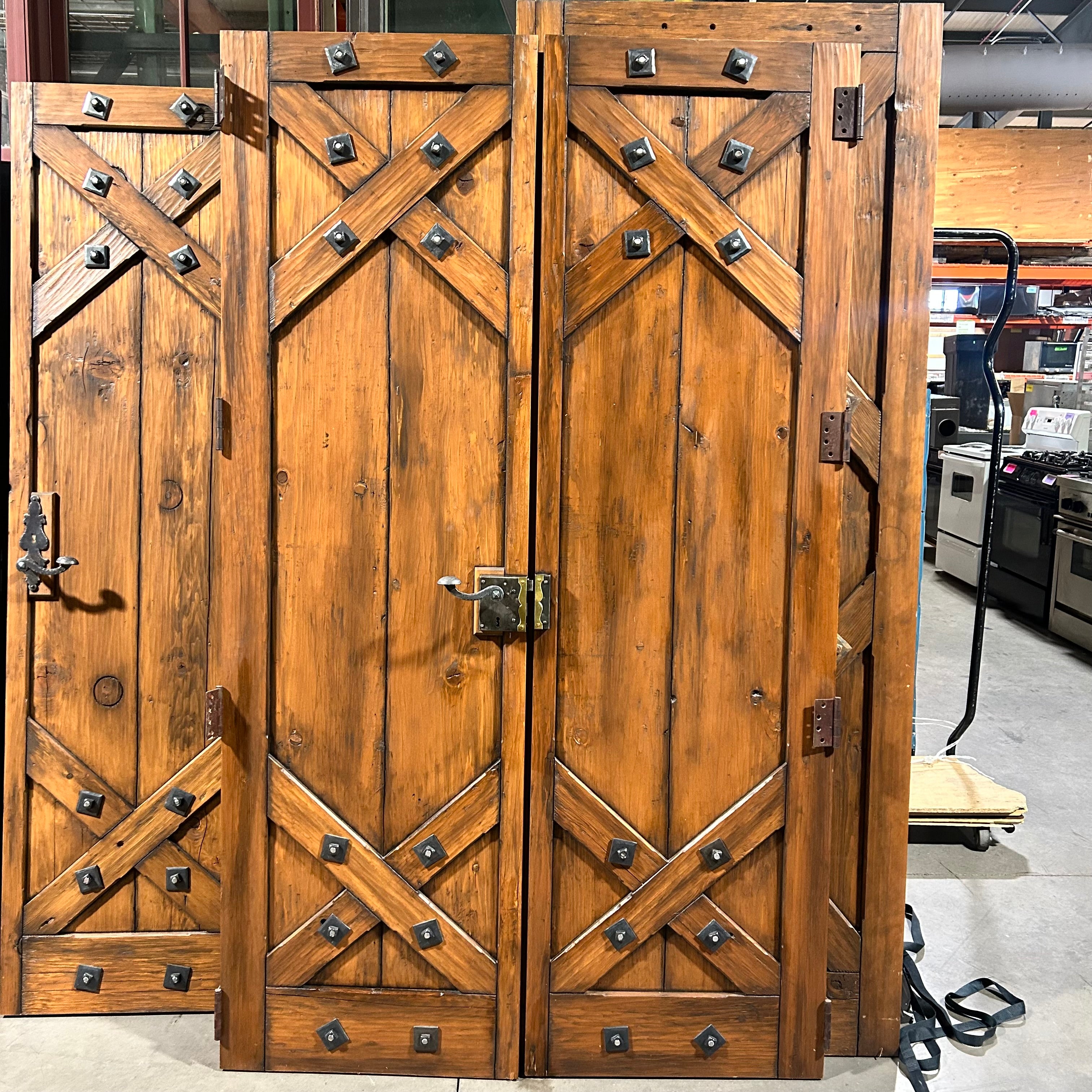 25.5"x 86.5"x 2" PAIR of Rustic Pine Closet Doors with Iron Hardware Accents