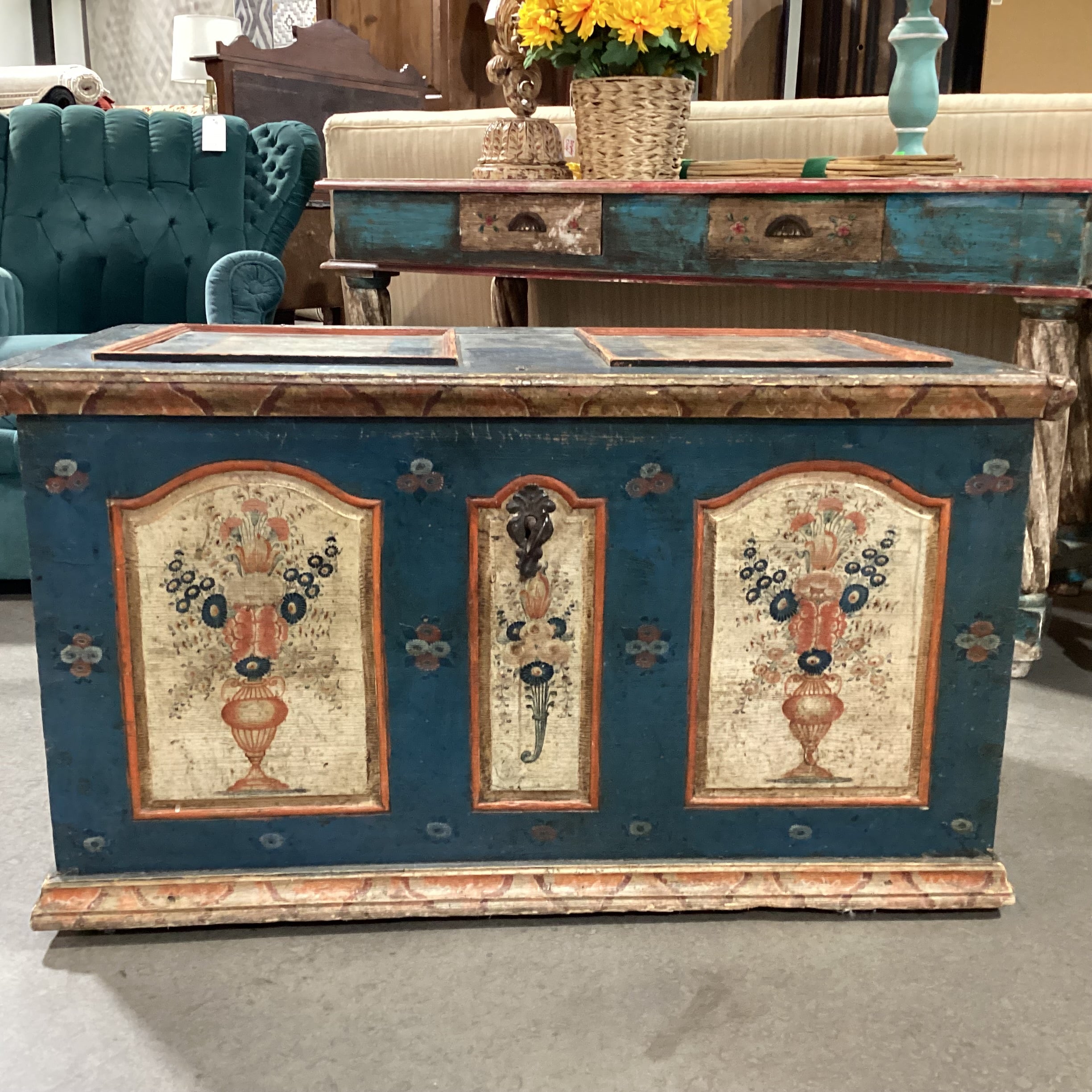 Antique Carved Wood Hand Painted Blue with Floral Panels Trunk 42"x 25"x 23.5"