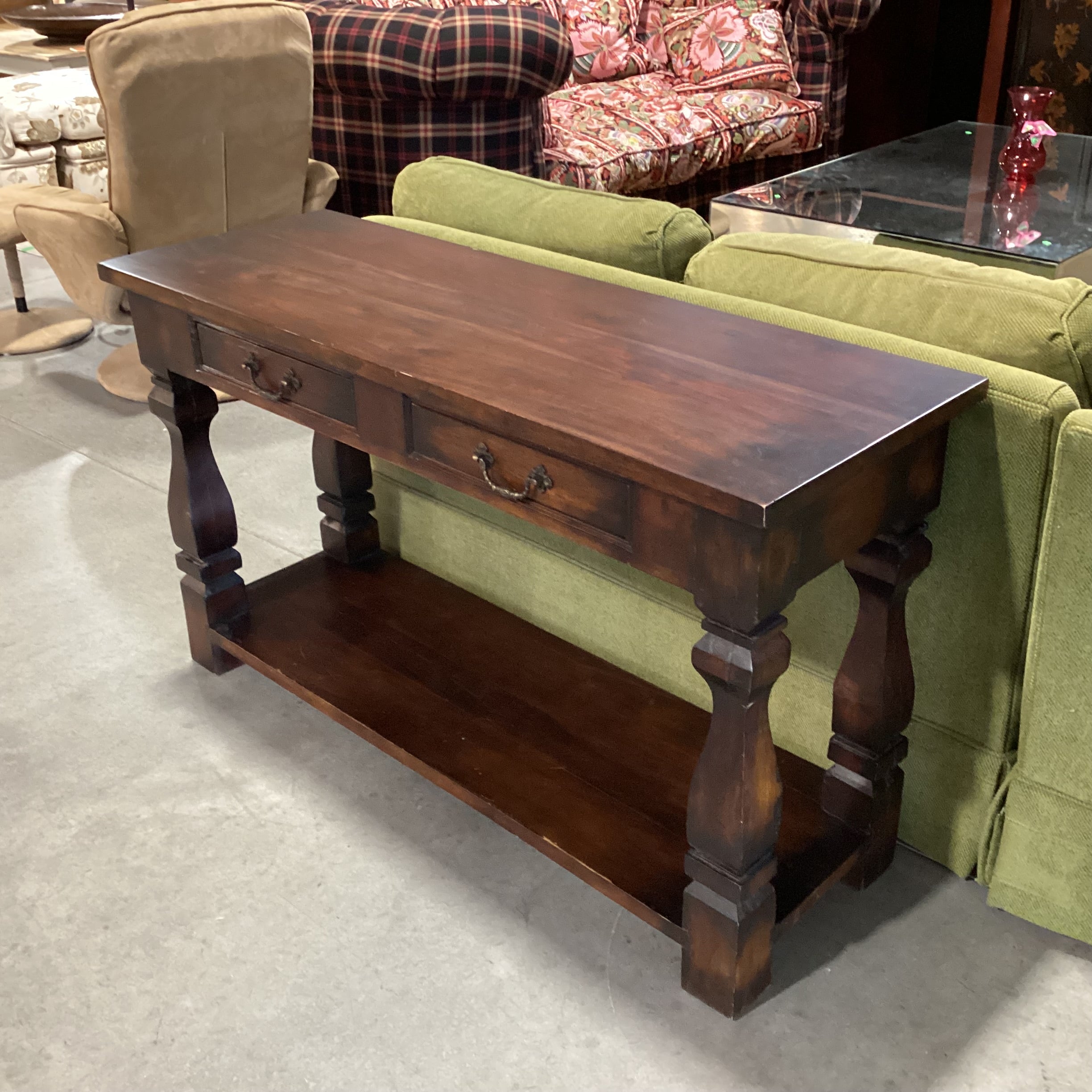 Solid Dark Finish Wood Carved Legs 2 Drawer & Bottom Shelf Console Sofa Table 52"x 18"x 30"