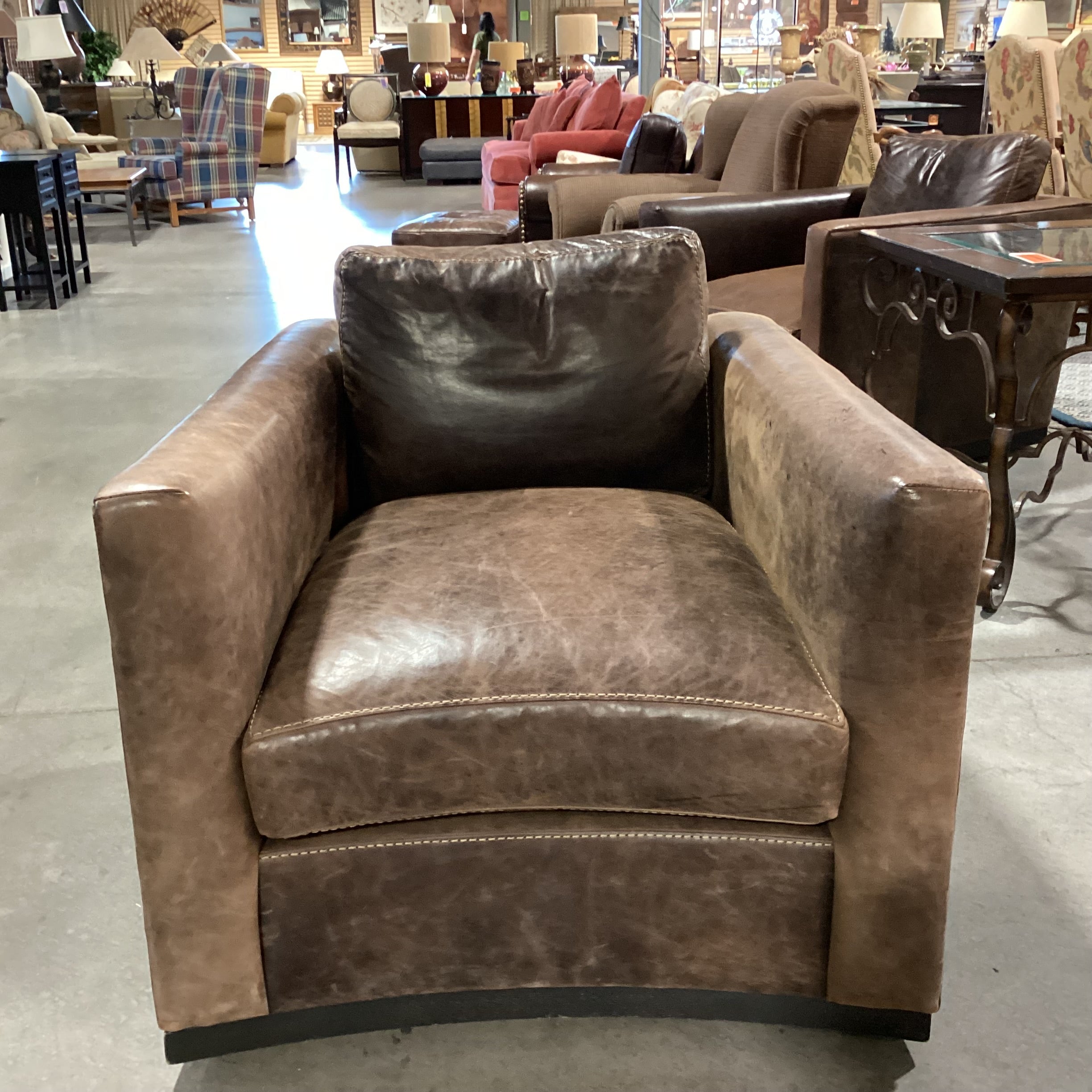 Lee Industries Distressed Leather Down Mix Track Arm Swivel Chair 34"x 39"x 28"