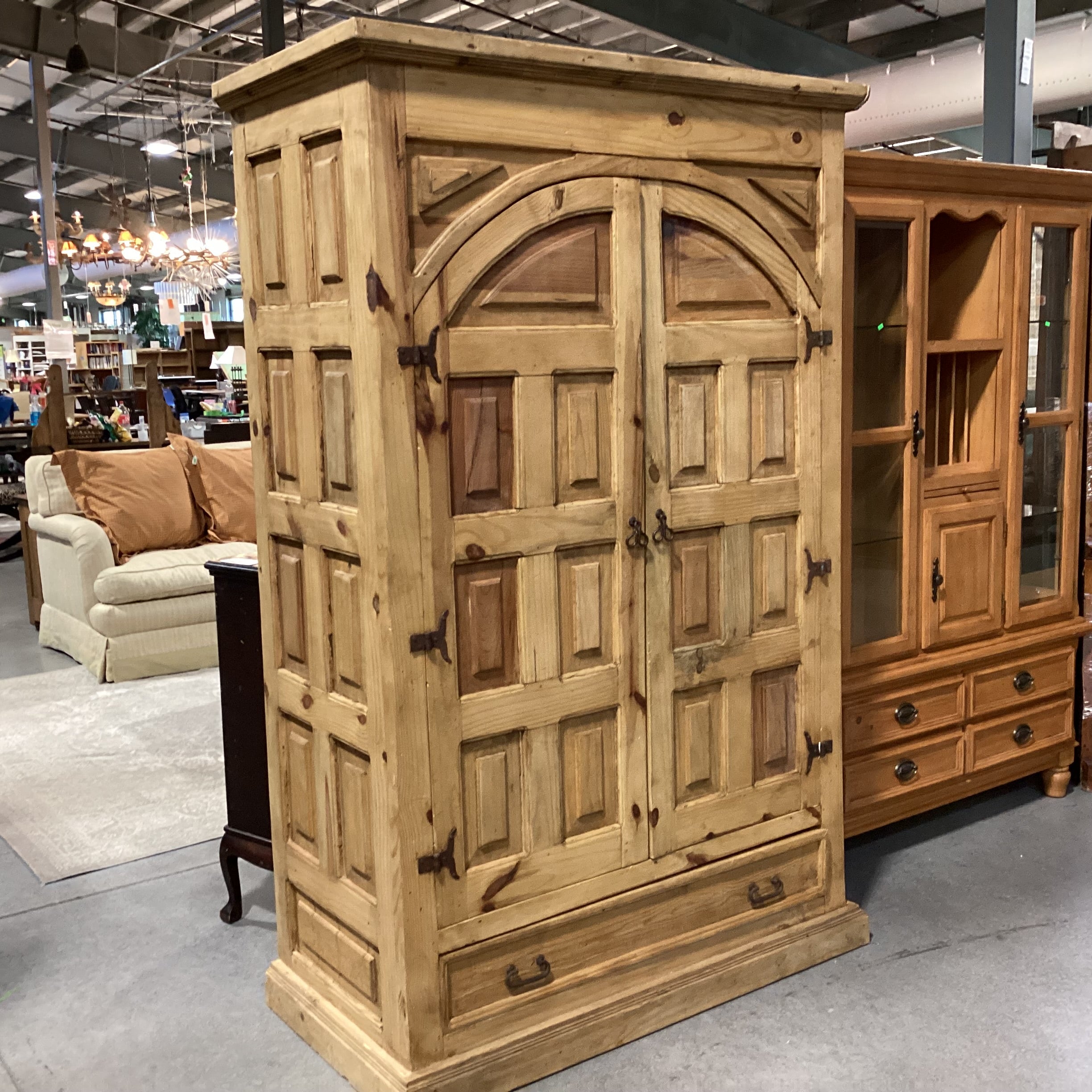 Rustic Carved Solid Natural Pine 2 Arched Door with Shelves & Bottom Drawer Armoire 52"x 26"x 80"
