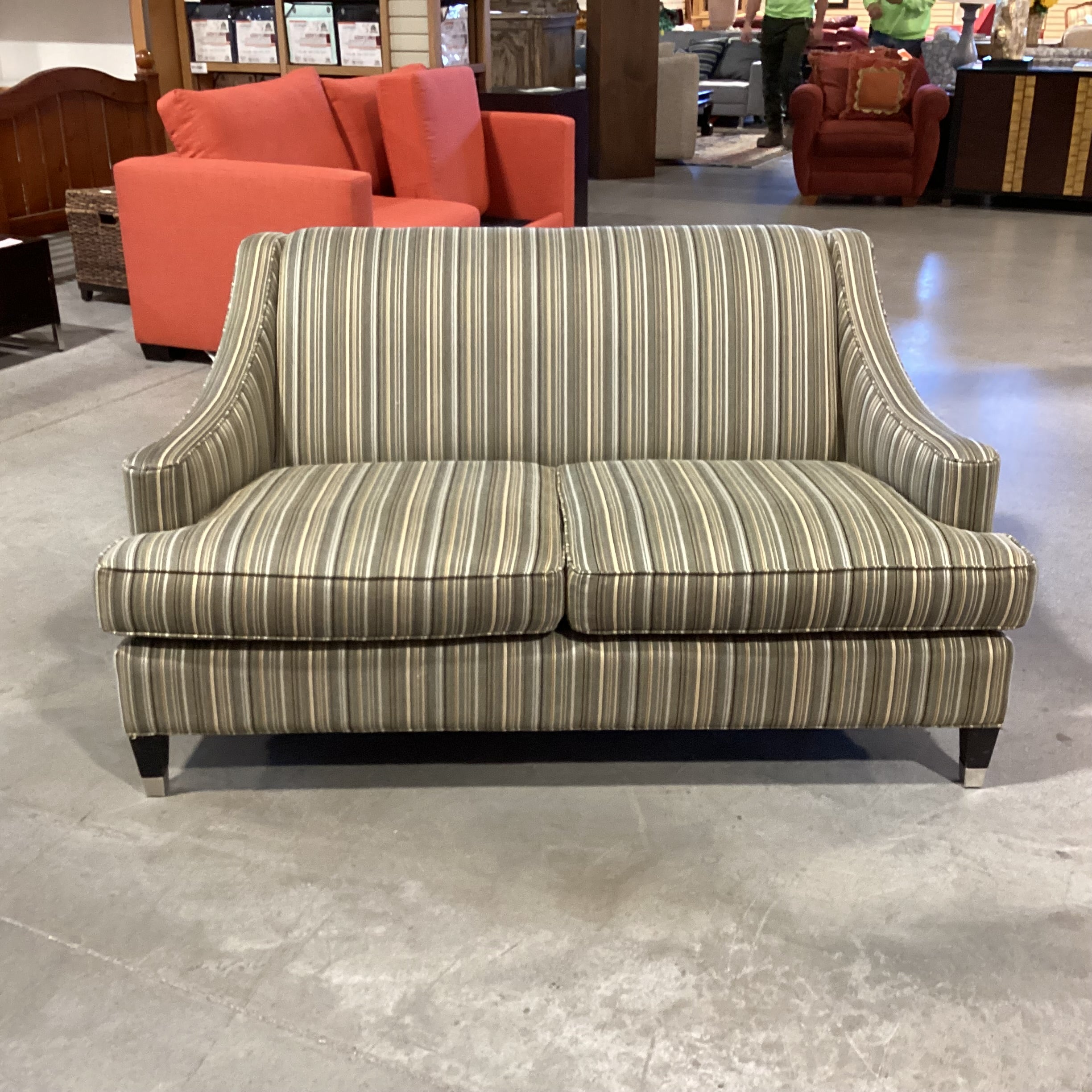 Room & Board Green Gold Brown Stripe with Slope Arm Loveseat Sofa 60"x 36"x 31"