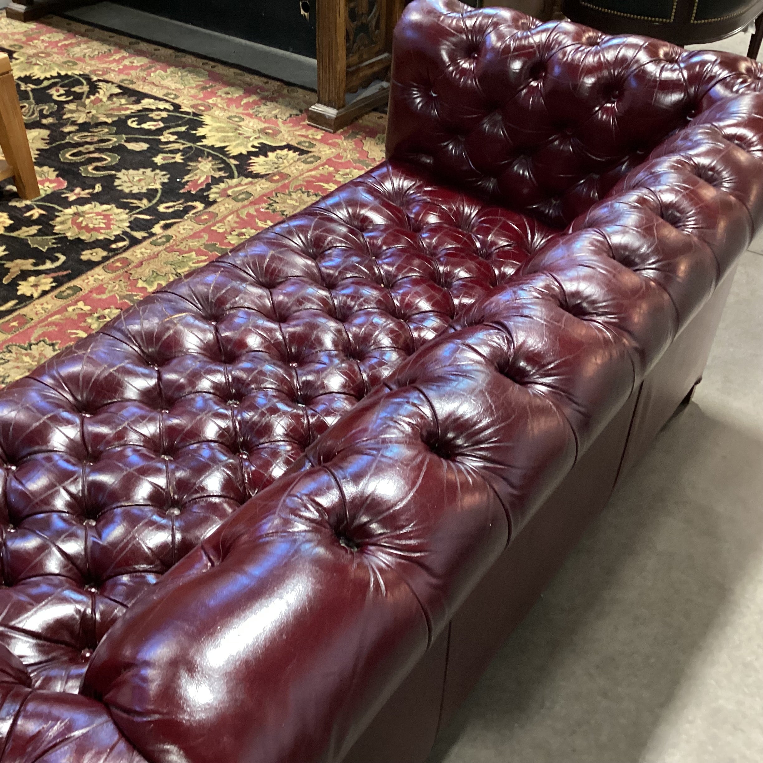 Vintage Burgundy Tufted Leather Nail Head on Casters Chesterfield Loveseat Sofa 69"x 36"x 28"