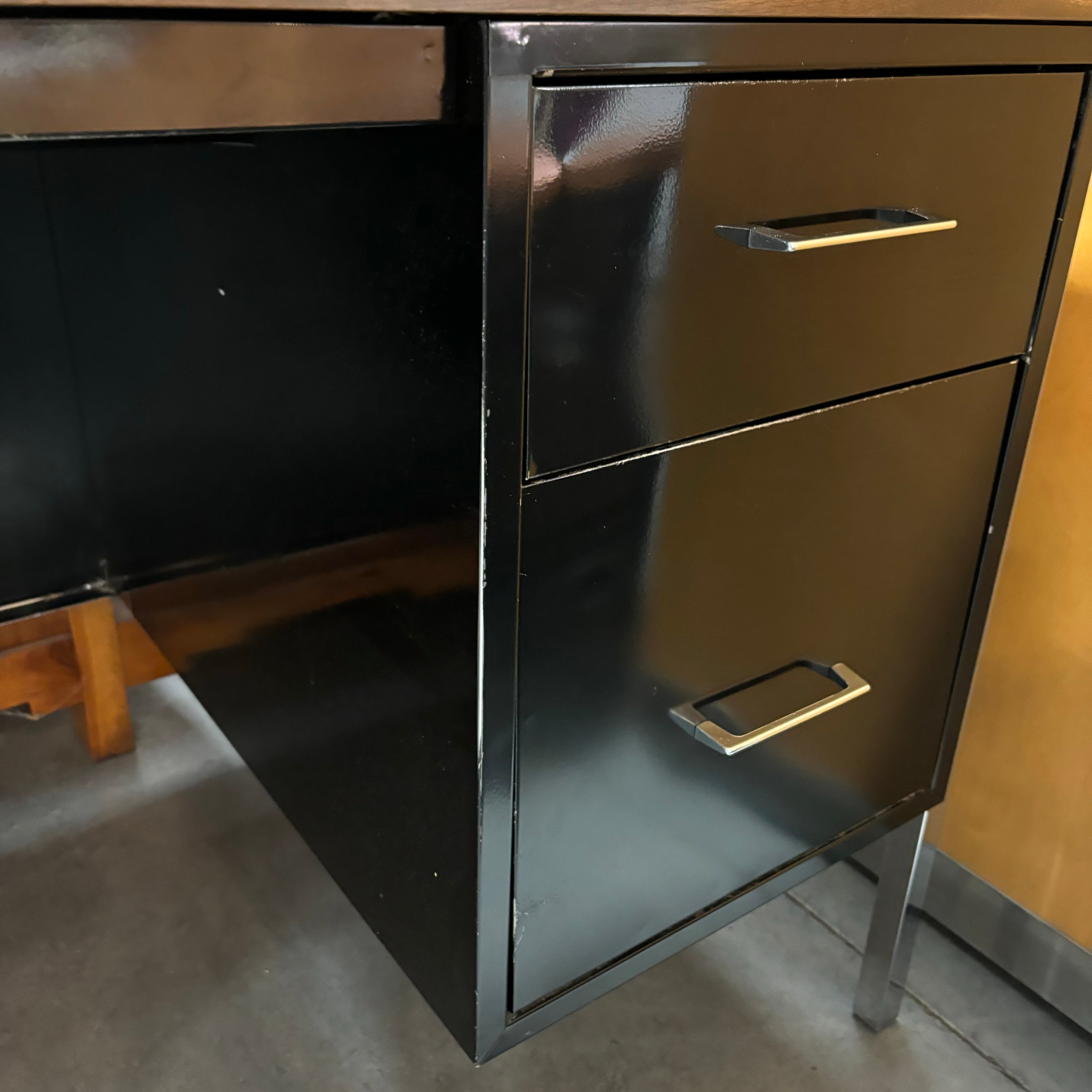 Dark Wood Veneer & Black Steel Base 4 Drawer with Center Pullout Desk 55"x 26"x 29"
