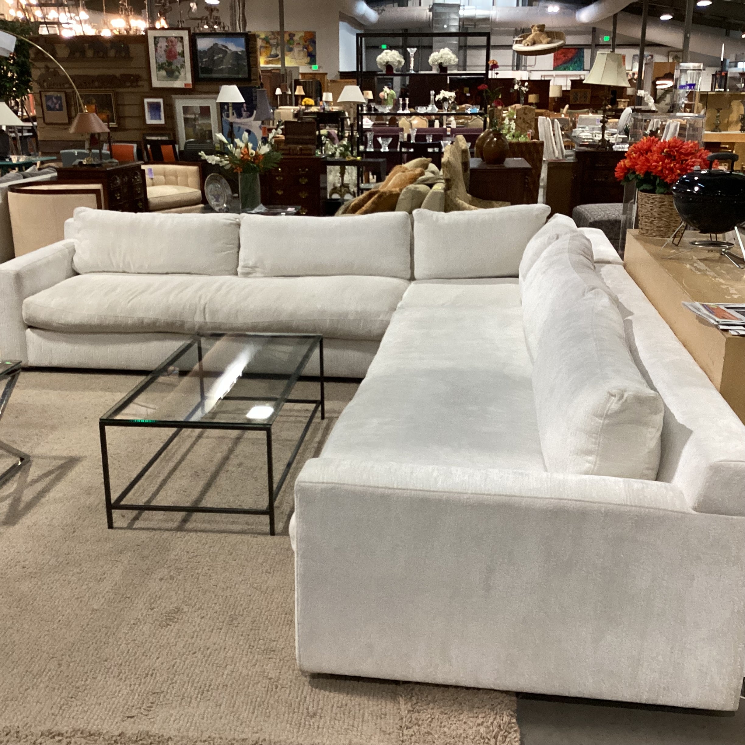 Custom Ivory Raised Texture Velvet Down Mix 3 Piece Sectional 146"x 134"x 45"x 29"