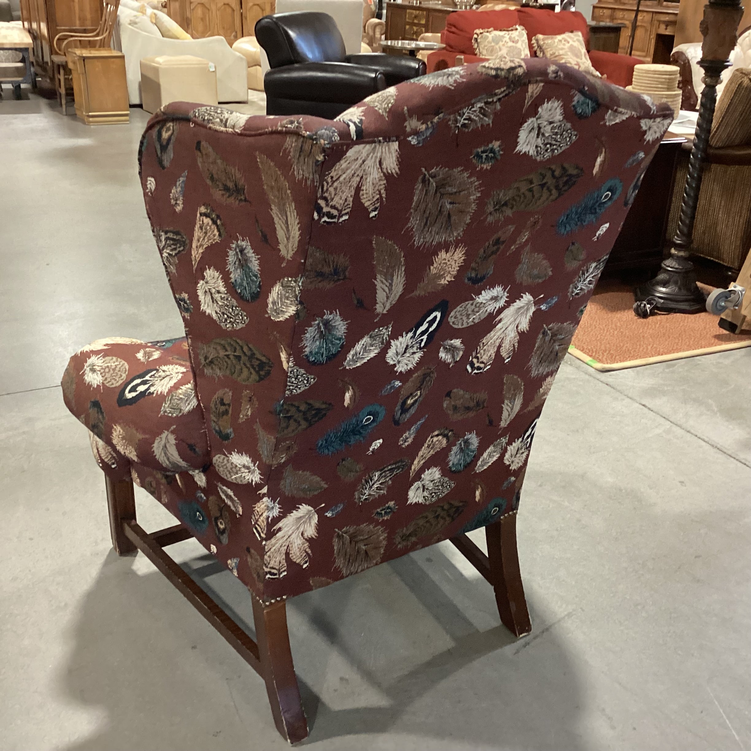 Brown Blue Feather Upholstery Nailhead Wing Chair 40"x 35"x 46"