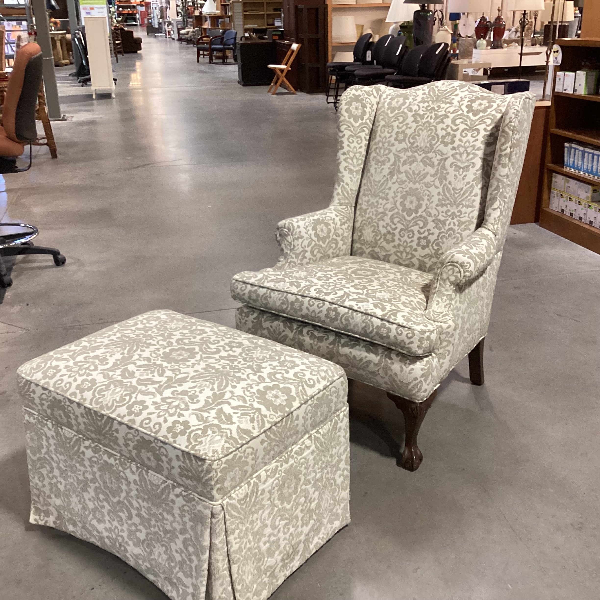 Sickles Custom Upholstery Cream & Raised Taupe Floral with Ottoman Wing Chair 33"x 34"x 43"