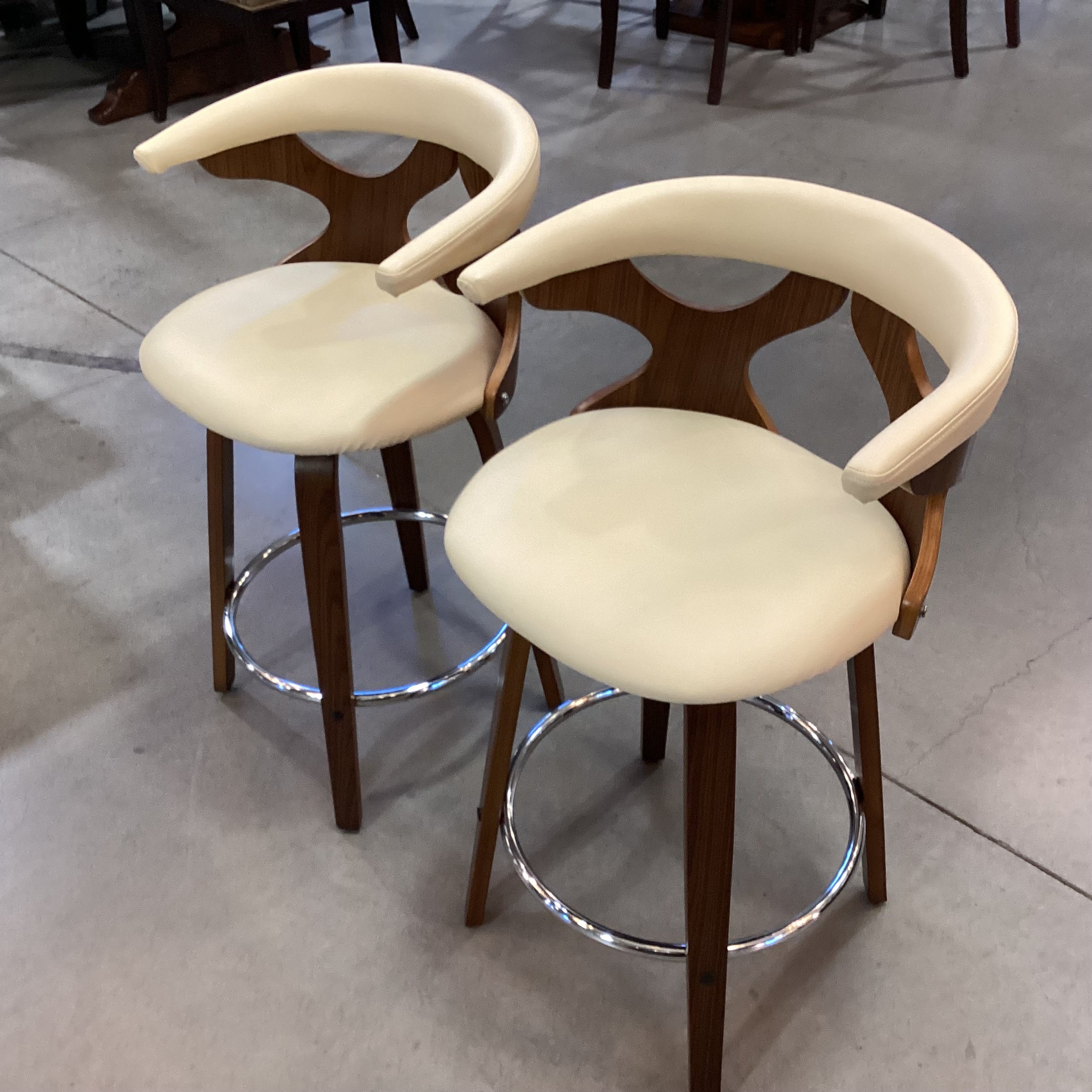 SET of 2 Lumisource Gardenia Mid Century Style Faux Cream Leather & Wood Barstools 25"