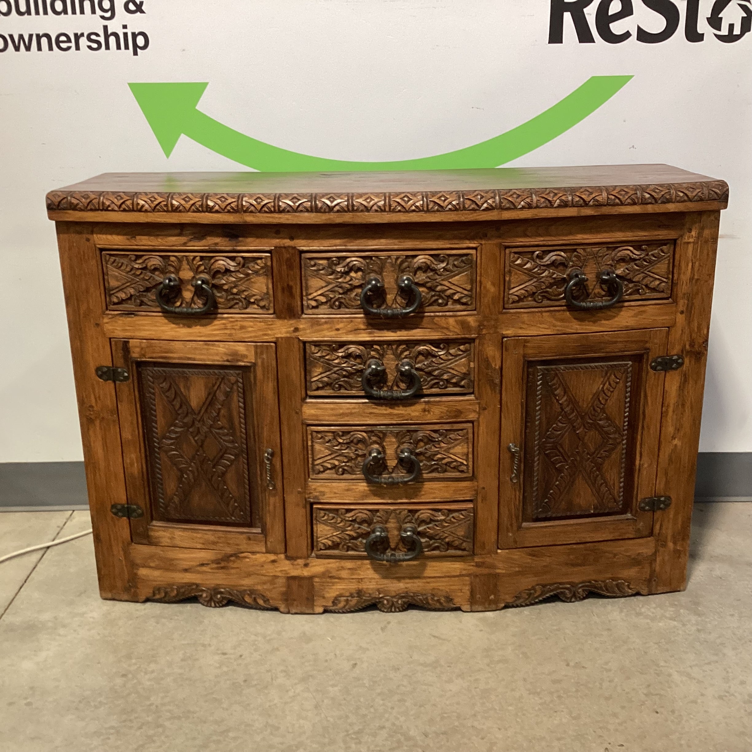 Jason Scott Collection Custom Carved Round Nose 6 Drawer 2 Door Western Style Buffet Sideboard 58"x 22"x 40.5"