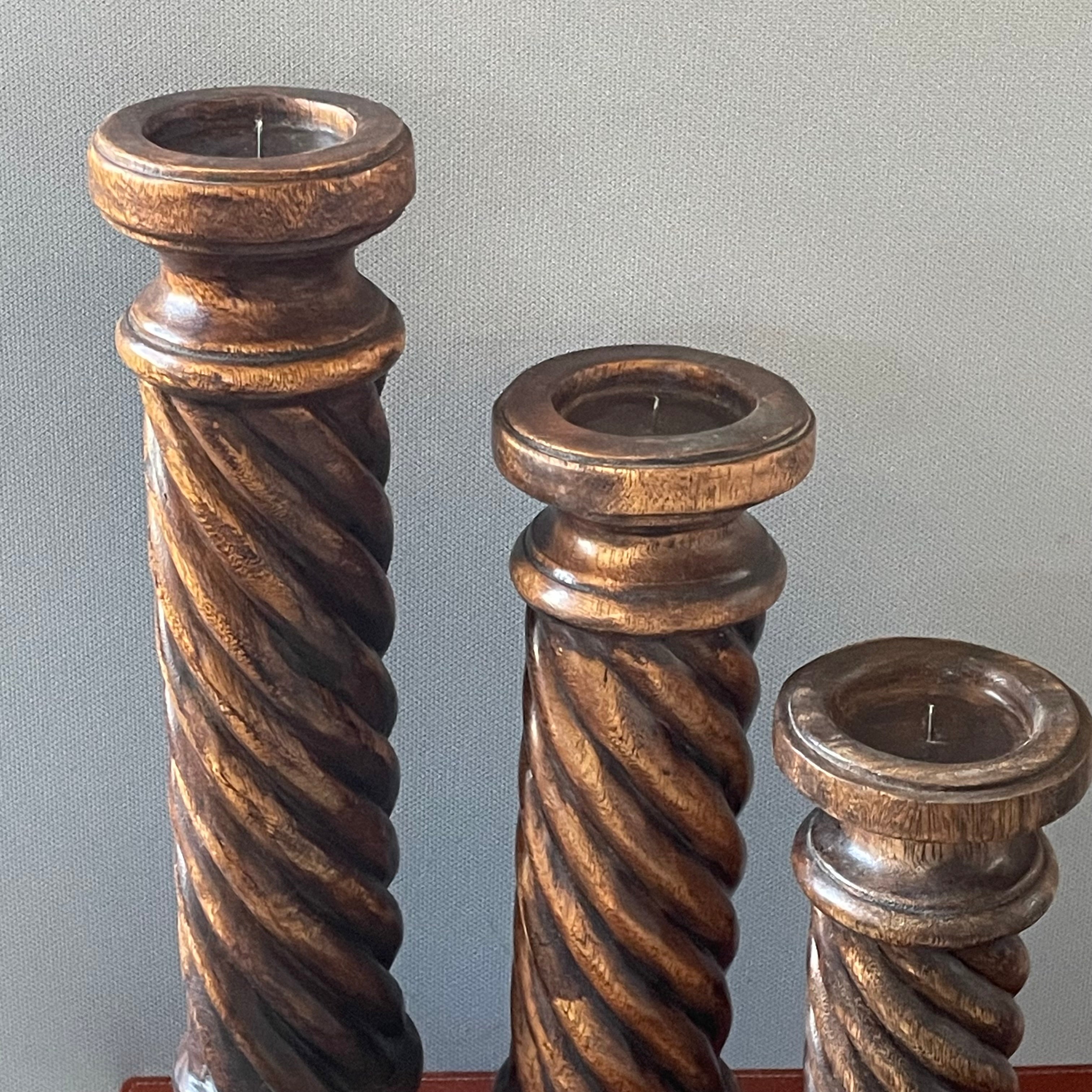 Set of 3 Vintage Wood Carved Barley Twist Candle Holders, 22",18,"x 14"