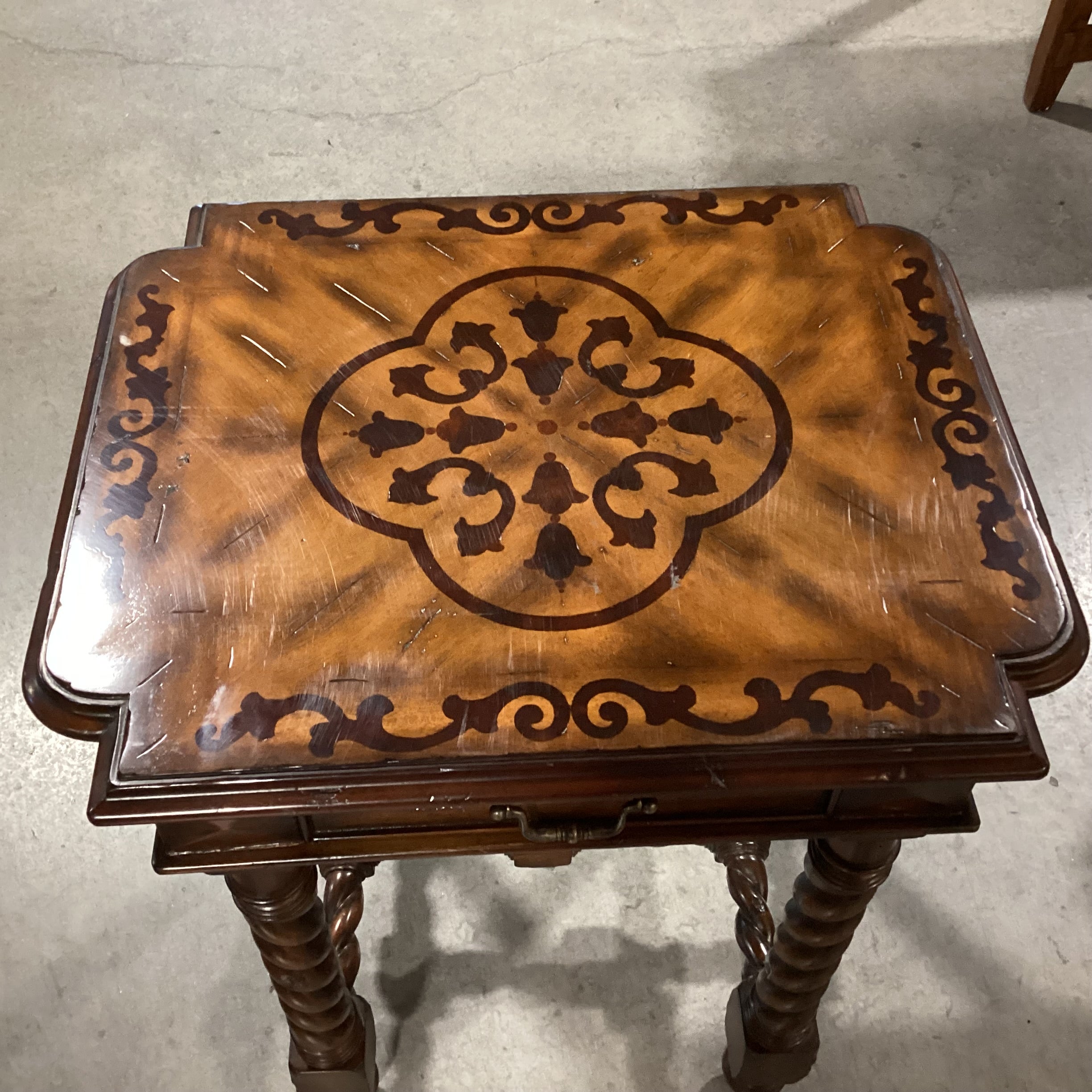Maitland Smith Ornate Carved Spiral Leg & Trestle with Inlay & Drawer Accent Table 24.5x 20.5x 28.5"