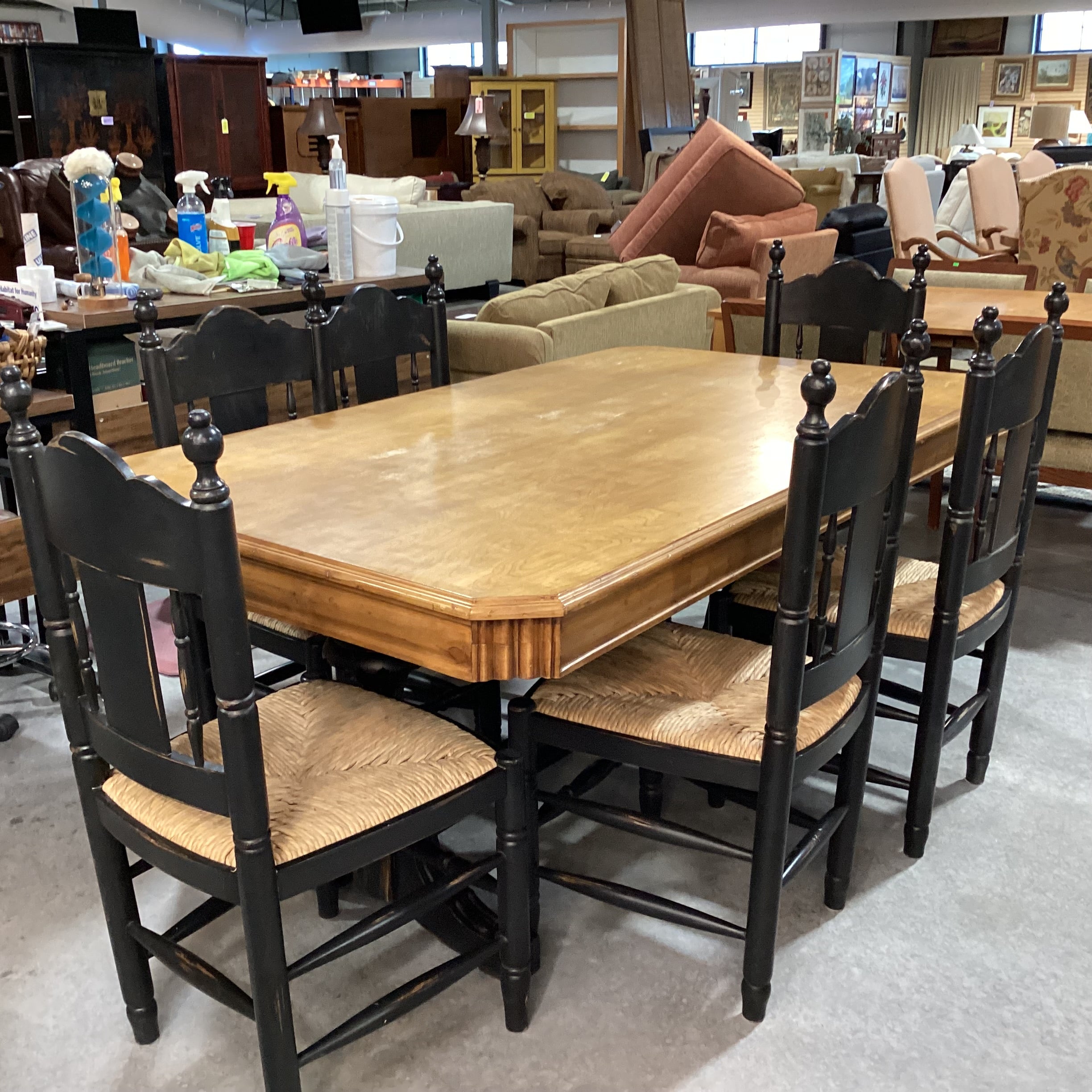 Country Distressed Black & Natural with Trestle Table & 6 Chairs Dining Set 72"x 42"x 31"