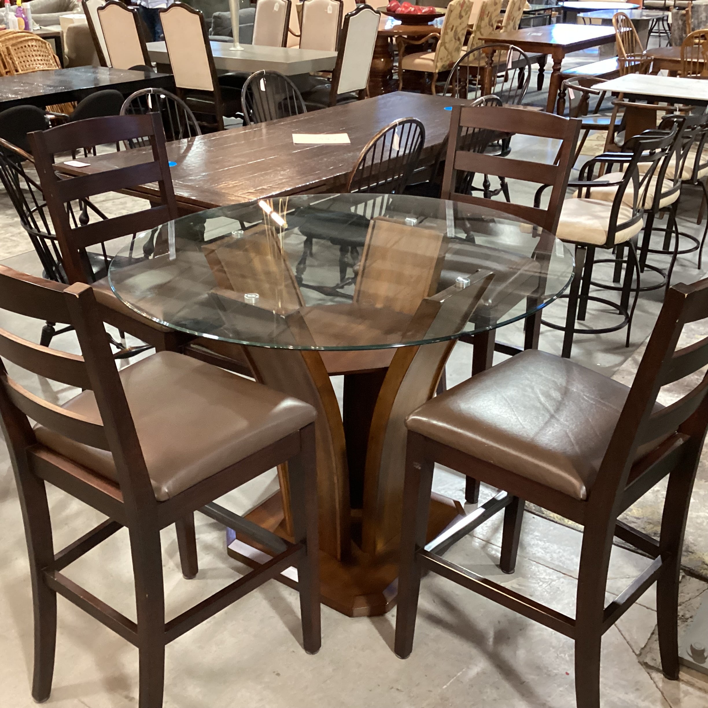 Wood & Glass Table with 4 Wood & Leather Barstools Dining Set 48" Diameter x 36"