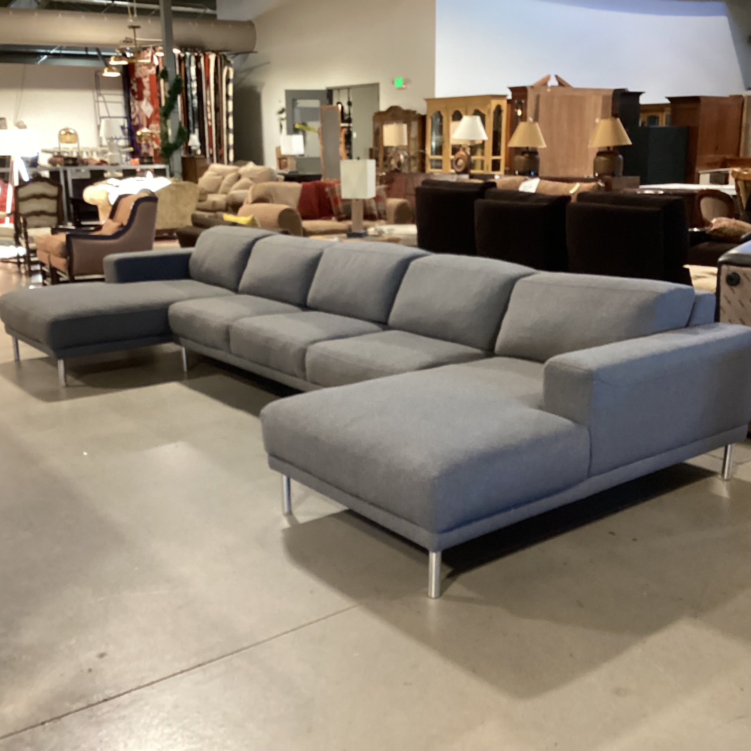 American Leather Meyer Collection Grey Wool & Down 3 Piece with End Chaises Modern Sectional 165"x 67"x 67"x 29"