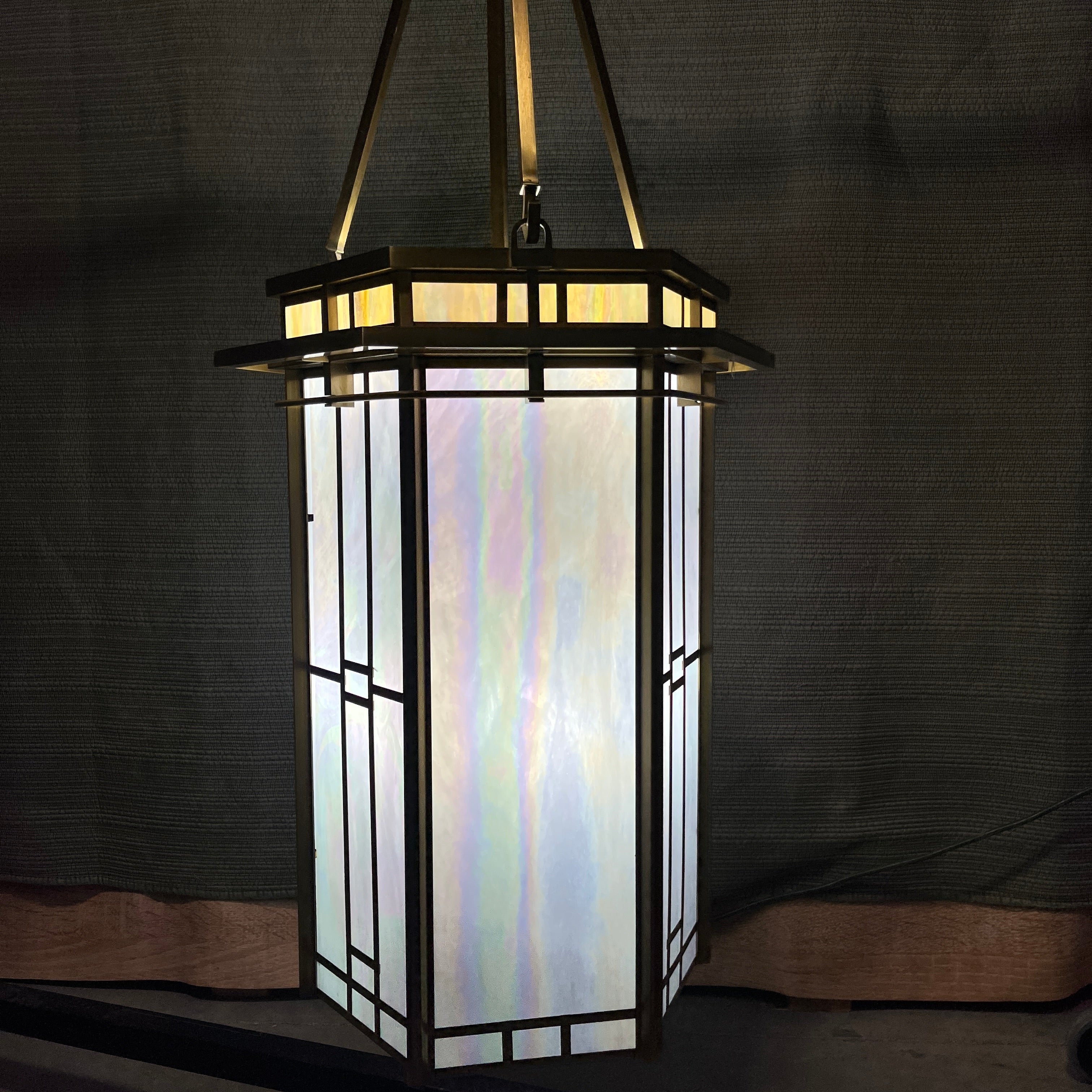 Art Deco 12-Light Octagonal Solid Brass with Honey/White Opaline Glass Chandelier 21" Diameter x 49" - 59"