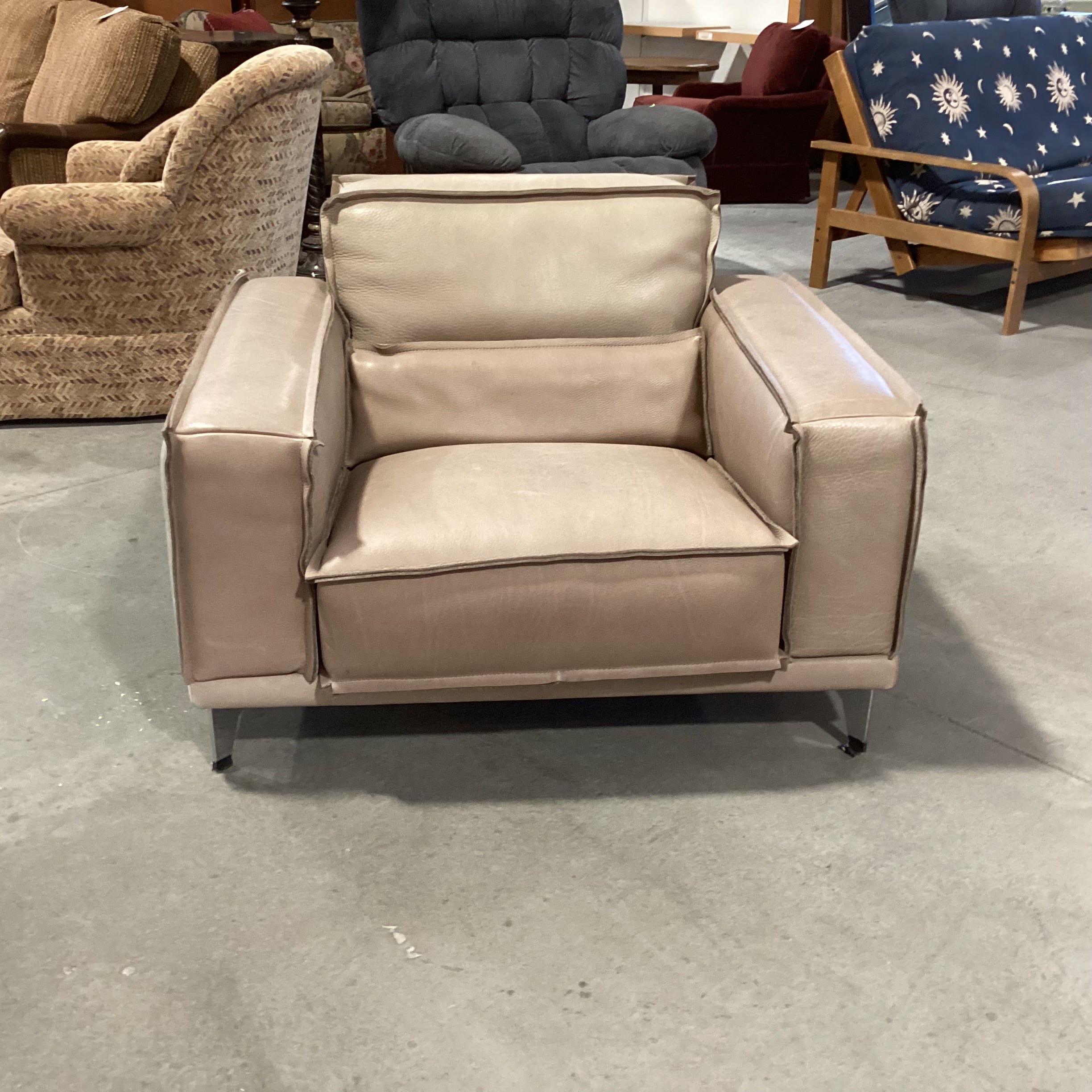Scan Design Made in Italy Taupe Leather with Reverse Seam Modern Chair 41"x 36"x 29"