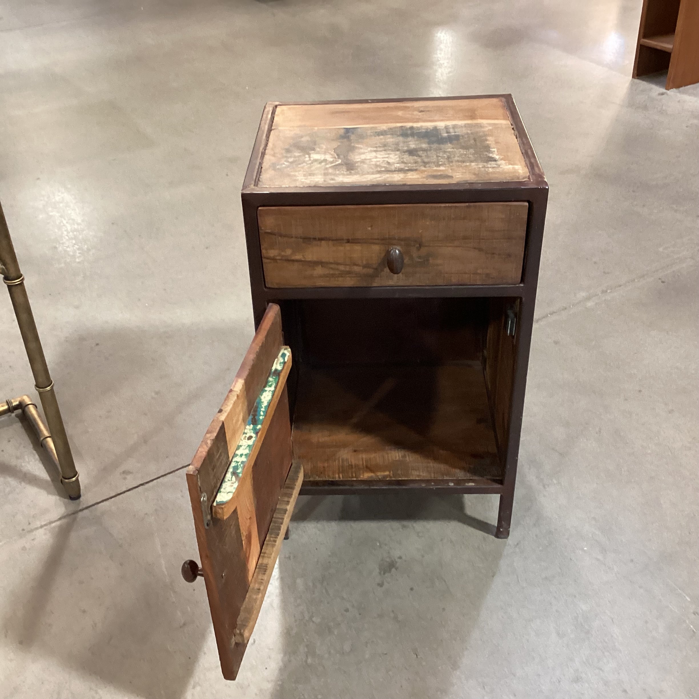 Rustic Distressed Wood & Iron 1 Drawer 1 Door End Table 16"x 14"x 26"